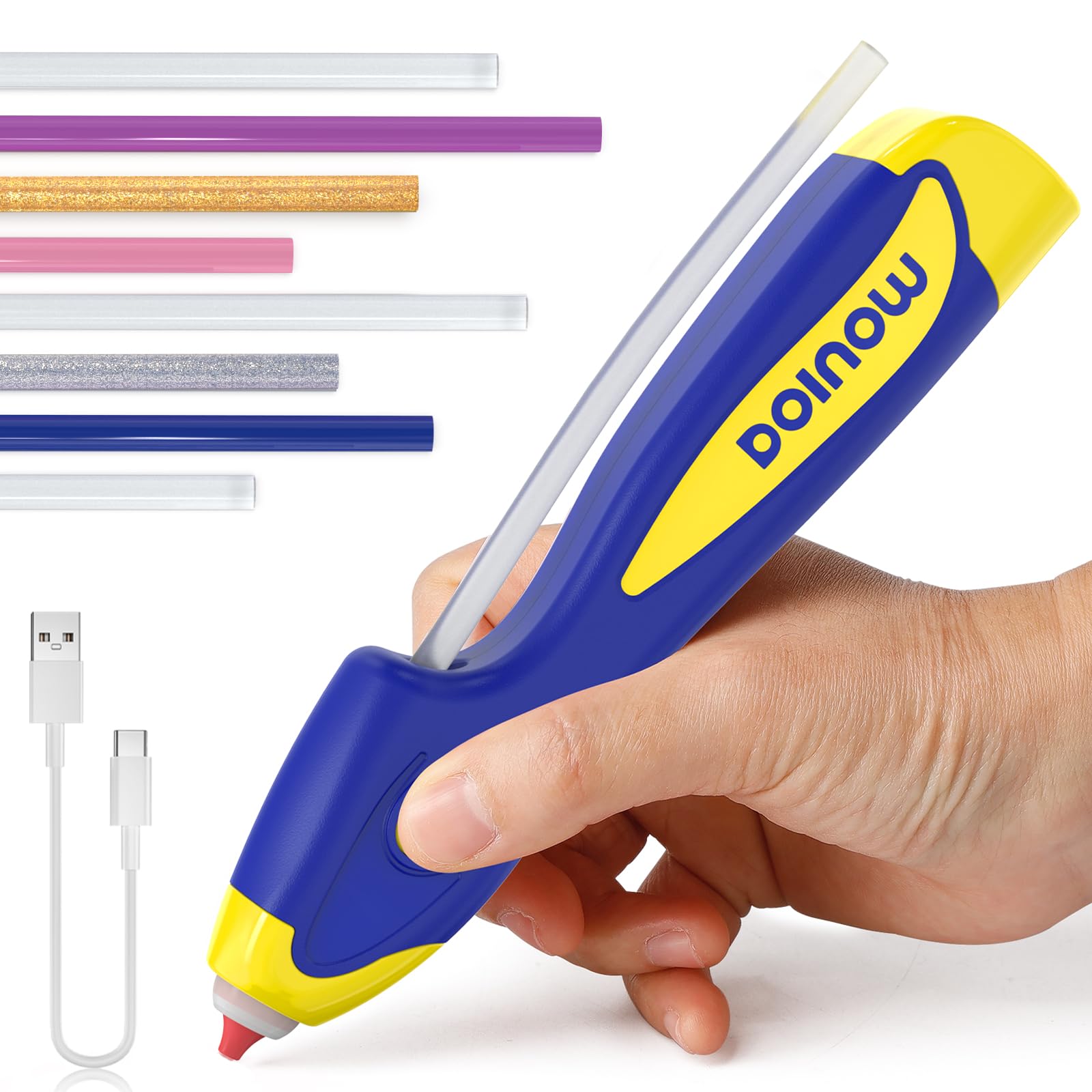 Pistola colla a caldo senza fili, Preriscaldamento rapido 6s, Incollaggio automatico antigoccia, pistola a caldo per colla con 30 stick di colla colorati 185mm, Ricaricabile USB-C per il fai da te