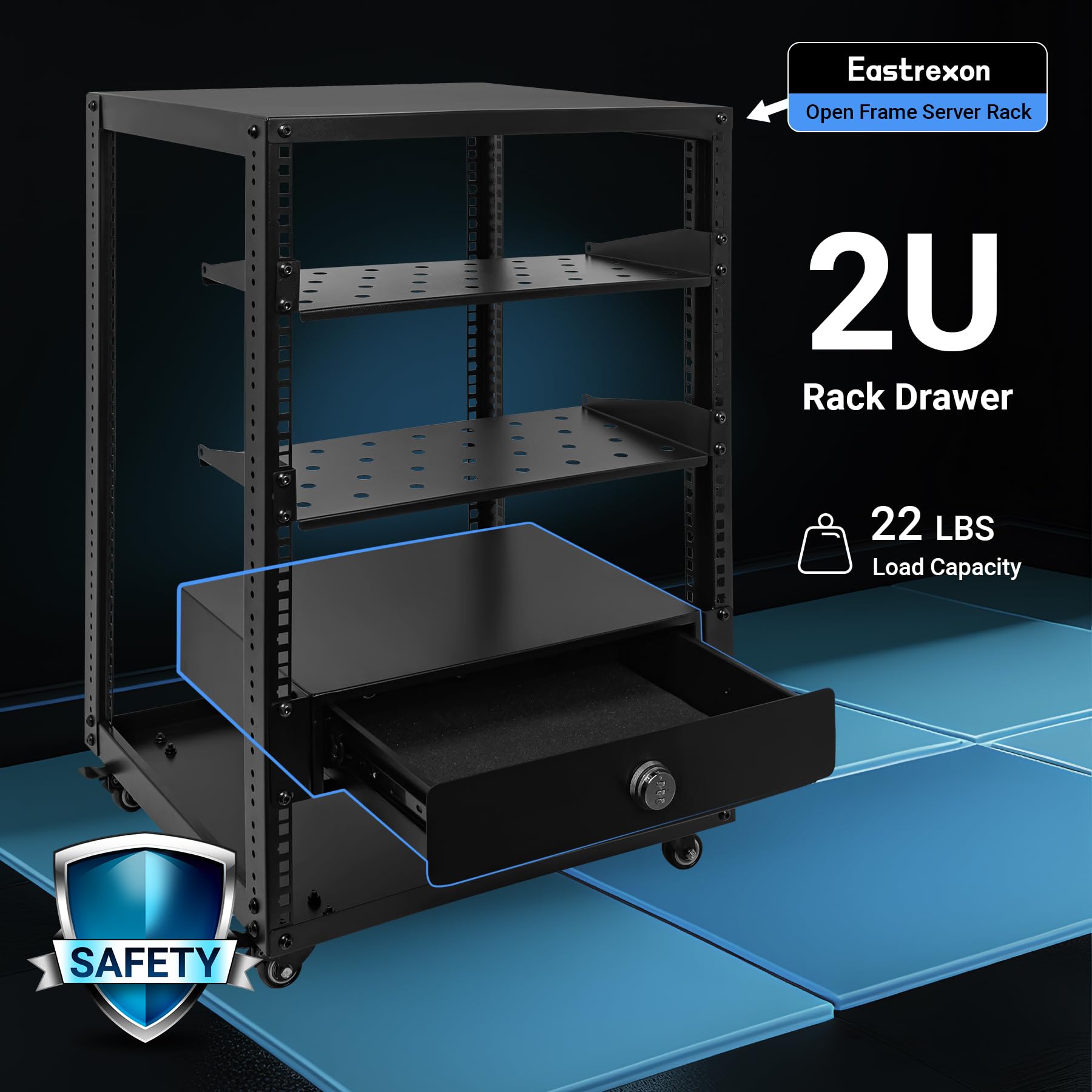 Cassetto per montaggio su rack 2U con serratura a combinazione e cuscinetto in schiuma, cassetto di bloccaggio verniciato a polvere per apparecchiature di rete da 19", server/DJ/AV, armadi