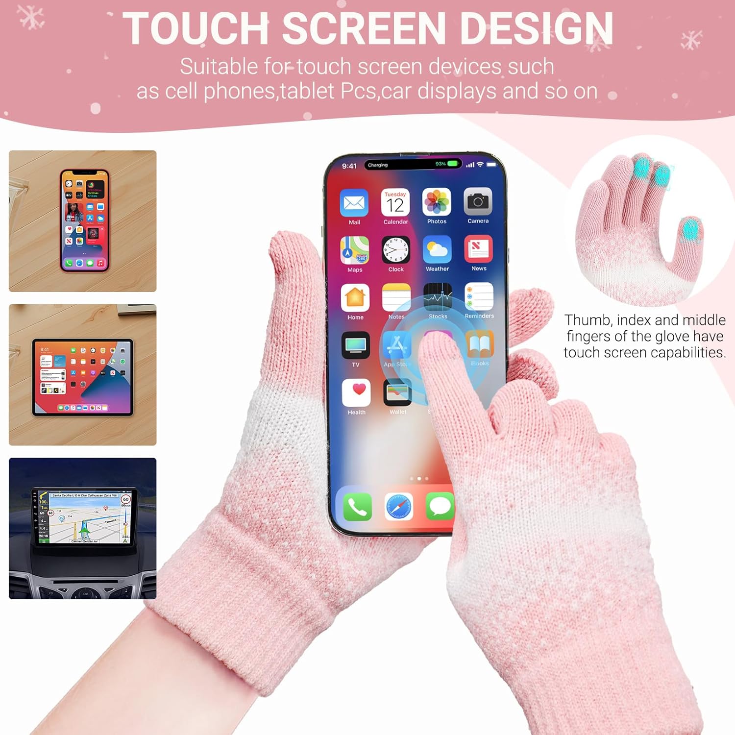 Womens Winter Beanie Hat Scarf Gloves Set - Touchscreen Gloves,Long Knit Scarf & Ombre Snowflake Design Beanie Set for Women - Image 6