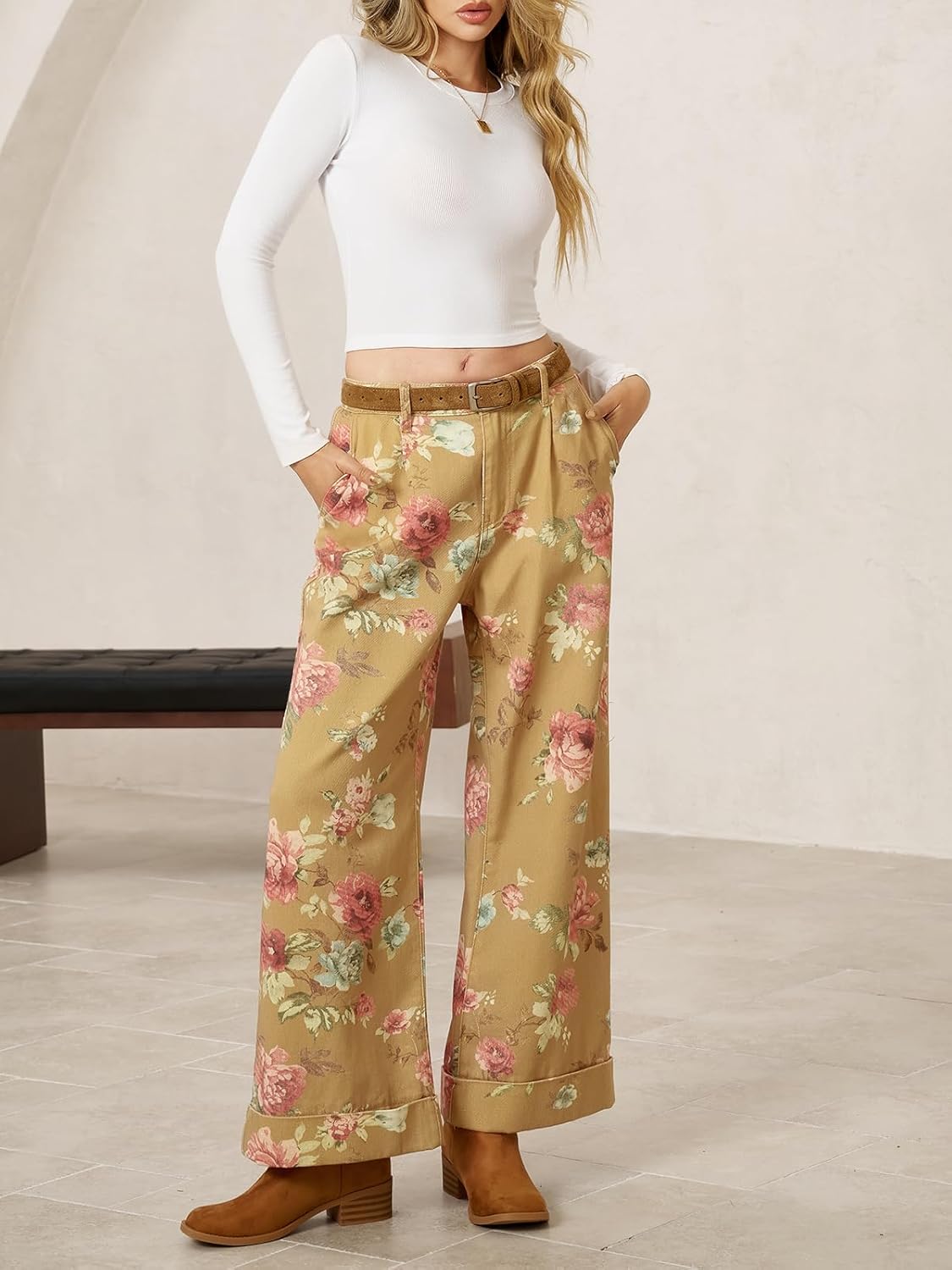 Cicy Bell Women's Floral Baggy Wide Leg Jeans Casual High Waisted Boyfriend Vintage Boho Denim Pants with Pockets - Image 5