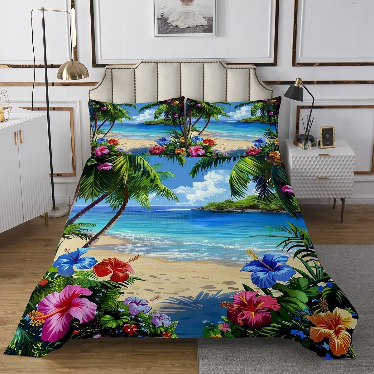 Erosebridal Coastal Beach Coverlet Sets King Tropical Hawaii Theme Quilt Set Blue Ocean Nautical Bedspread Sets for Kids Boys Girls Room Decor,Green Palm Tree Plants Flowers Bed Set