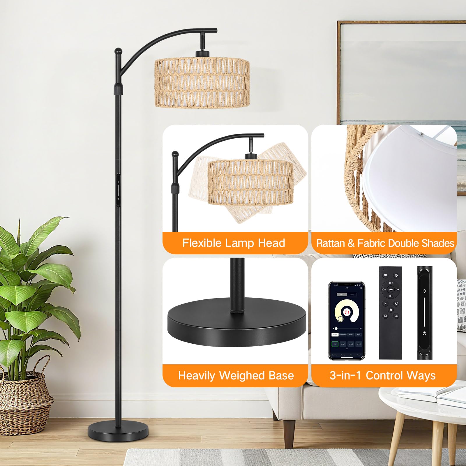 OUTON Lampada da Terra in Rattan, Lampada ad Arco Dimmerabile con App, Telecomando e Comando Touch, 4 Temperature di Colore, 2 Paralumi, Piantana LED da 12W per Soggiorno, Camera, Ufficio, Nero