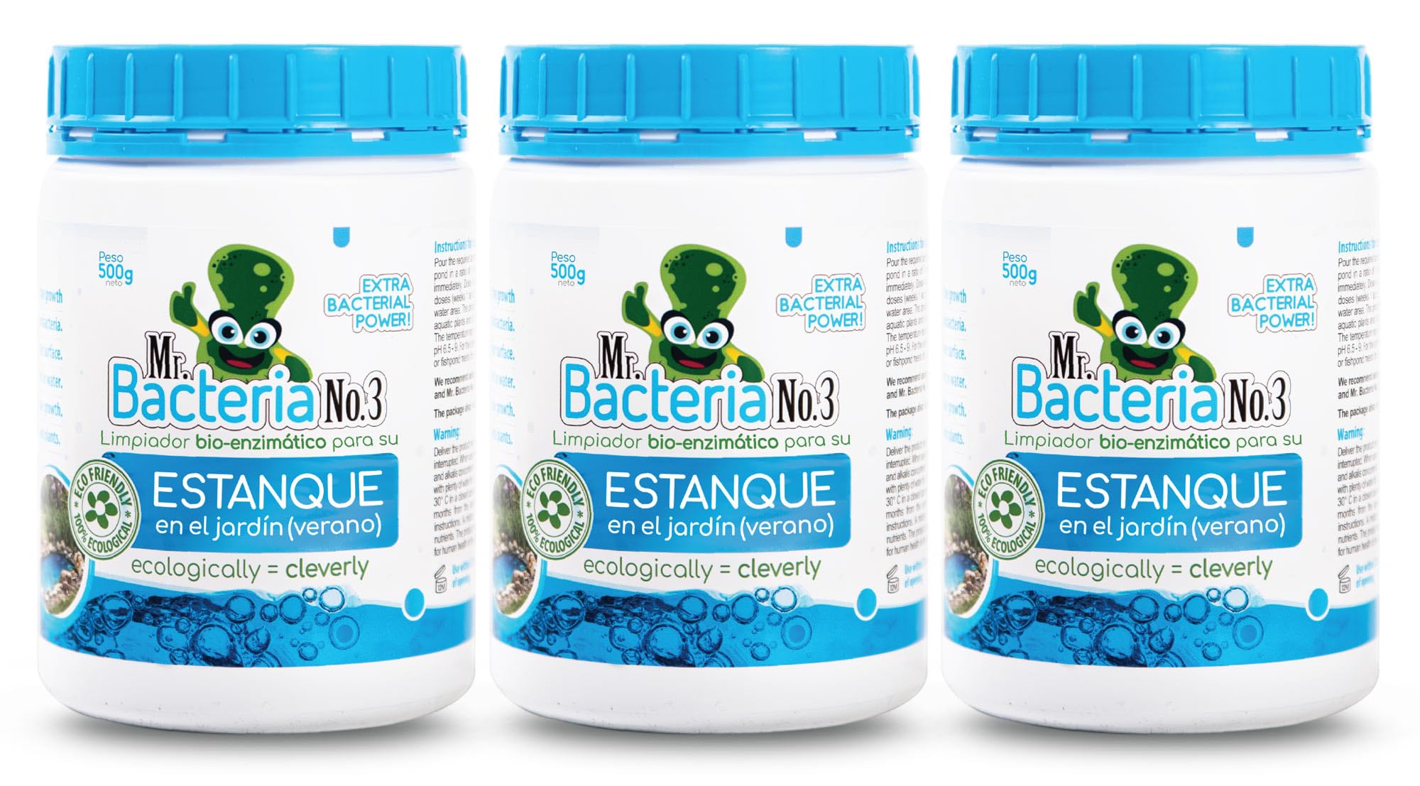 Mr.Bacteria No.3 - Limpiador para estanques de jardín, limpiador de estanque, clarificador de agua para agua verde en estanque de jardín, estanque de natación, estanque de peces, 3 x 500 g
