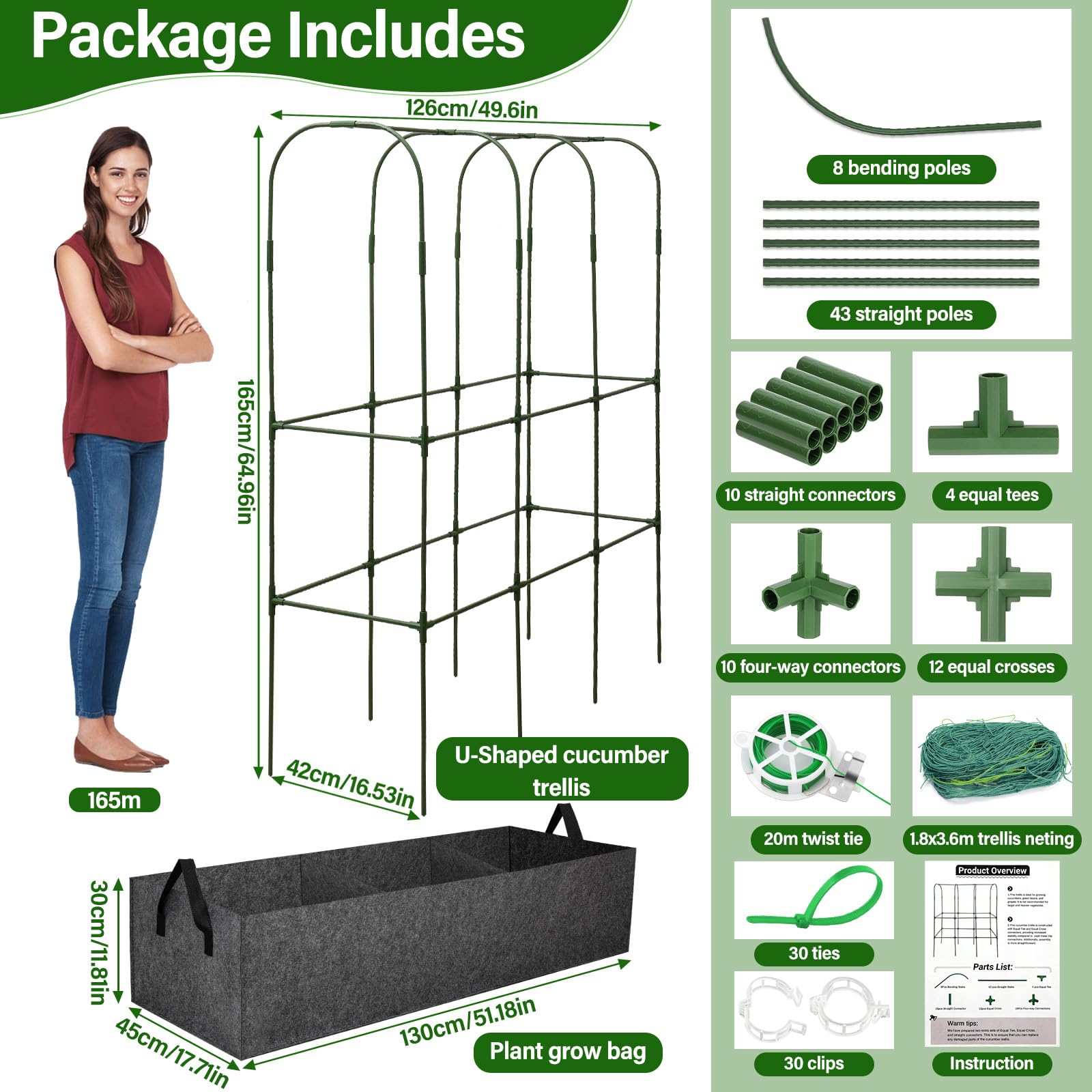 Rete per cetrioli da giardino per piante rampicanti all'aperto, grande griglia da giardino in metallo con borsa per la crescita, rete da giardino in nylon per aiuola rialzata, verdure, zucca, zucchine