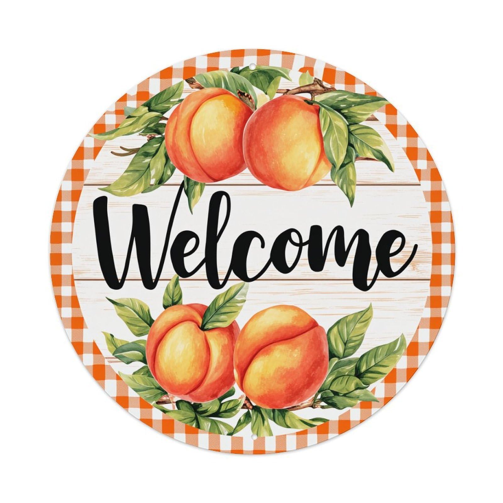 Peaches Leaves Welcome Pattern Checkered Round Tin Sign Retro Metal Sign for Cafe Bar Pub Home Game Room Gym Club Wall Decoration Vintage Metal Poster 8x8 Inch