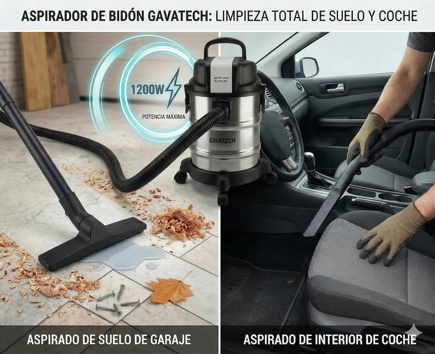 Aspiradora Multifunción,solidos y liquidos, 20L, 1250W, con 4 Cepillos y numerosos Accesorios. Aspiradora de humedo y seco. Funciona con Bolsa y sin Bolsa. Funcion de succion y de soplado.