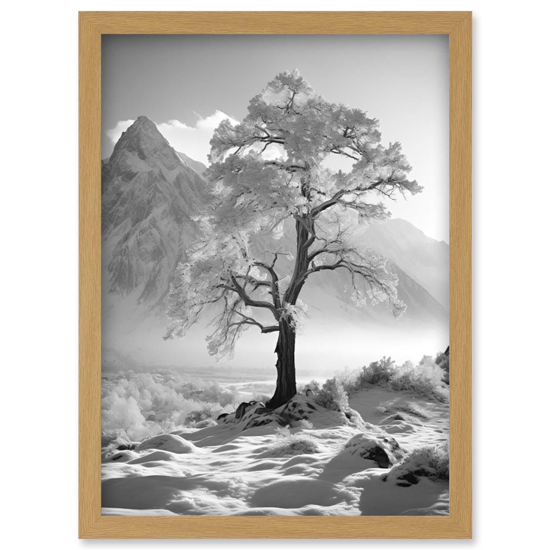 Frozen Tree Wall Art Print - Snowy Mountain Landscape - Black and White Photograph - Winter Sunrise - Crisp Morning Light - Framed A4