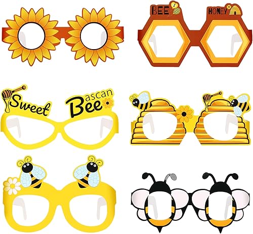 Baderke 24 anteojos de papel de abeja, decoración de fiesta de abeja, accesorios para fotos de abejas, gafas con temática de panal de abejas,