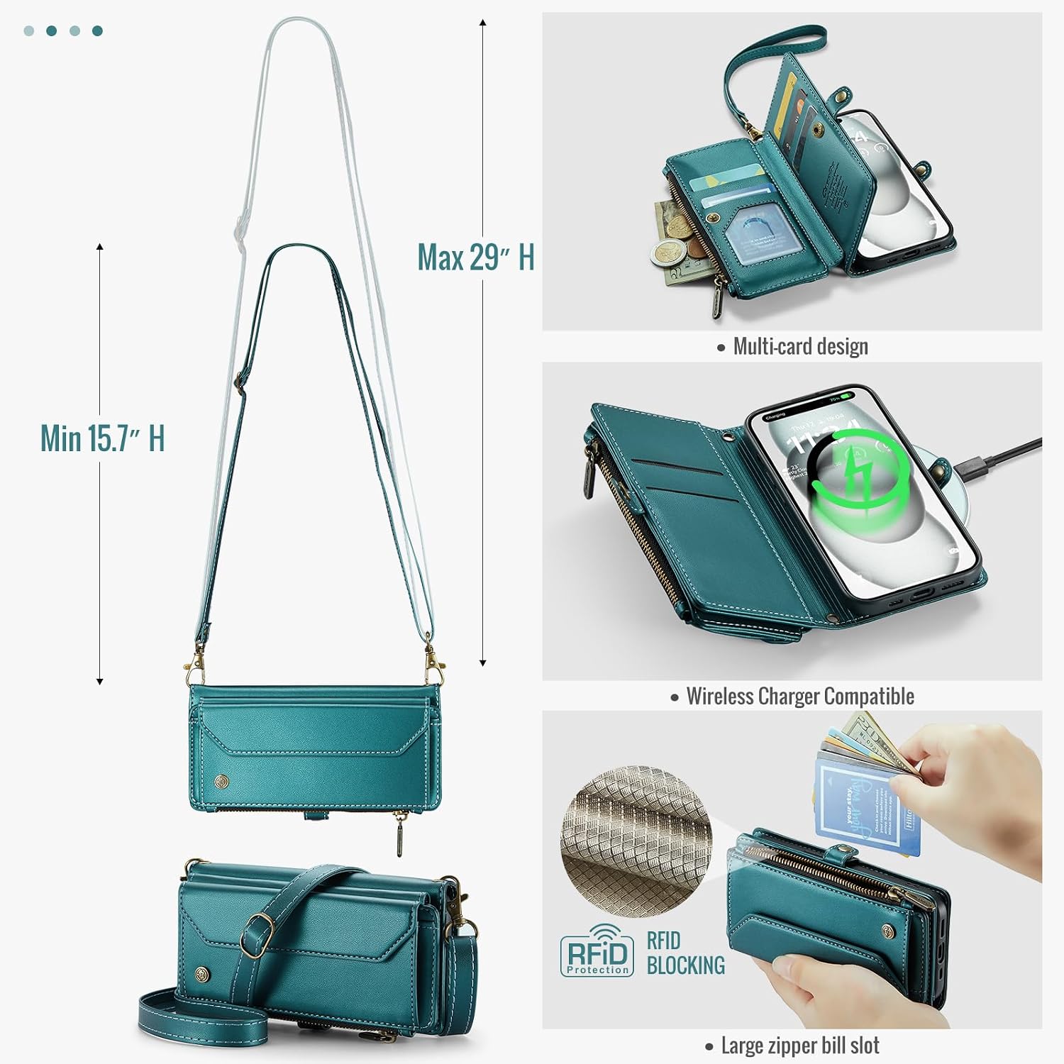 Crossbody Wallet Case for iPhone 15 with Card Holder, RFID Blocking, Kickstand, Soft PU Leather, Magnetic Snaps, Zipper Pocket for iPhone 15 Phone Case Blue