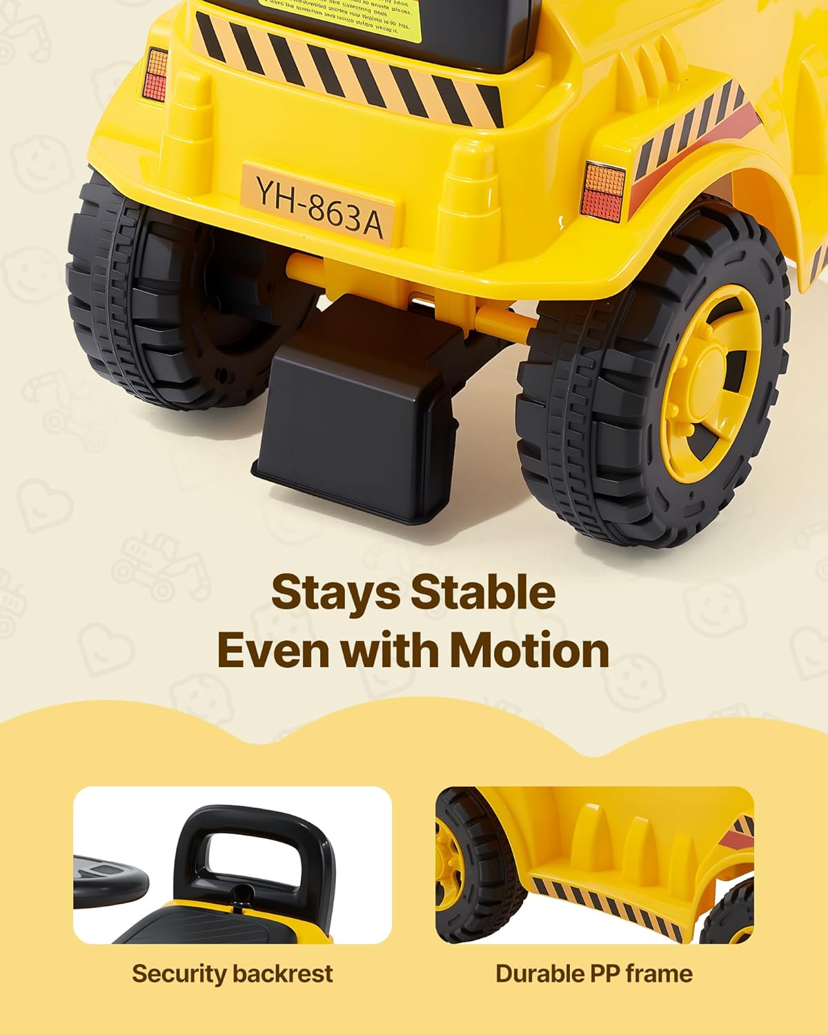 VEVOR Ride On Toddler Car, Ride on Excavator Car for Toddler 19 to 36 Months, Excavator Bulldozer Digger Toy with Under-seat Storage & Music, 55 lbs Load Capacity, Foot-to-Floor Walker for Kid, Yellow