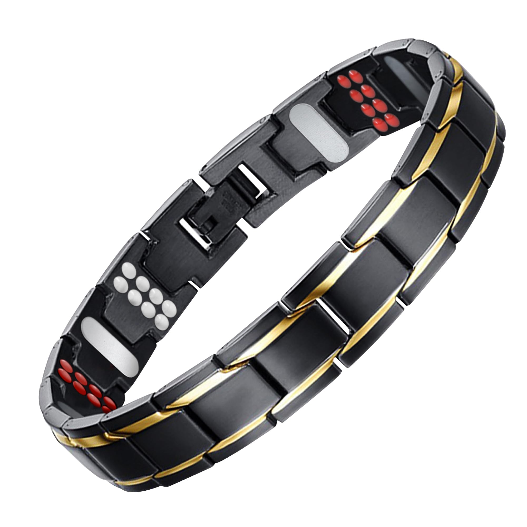JFUME Pulsera magnética para hombre, chapada en oro de 18 quilates, negra, plateada, azul carbón con quita eslabones, ajustable 22cm