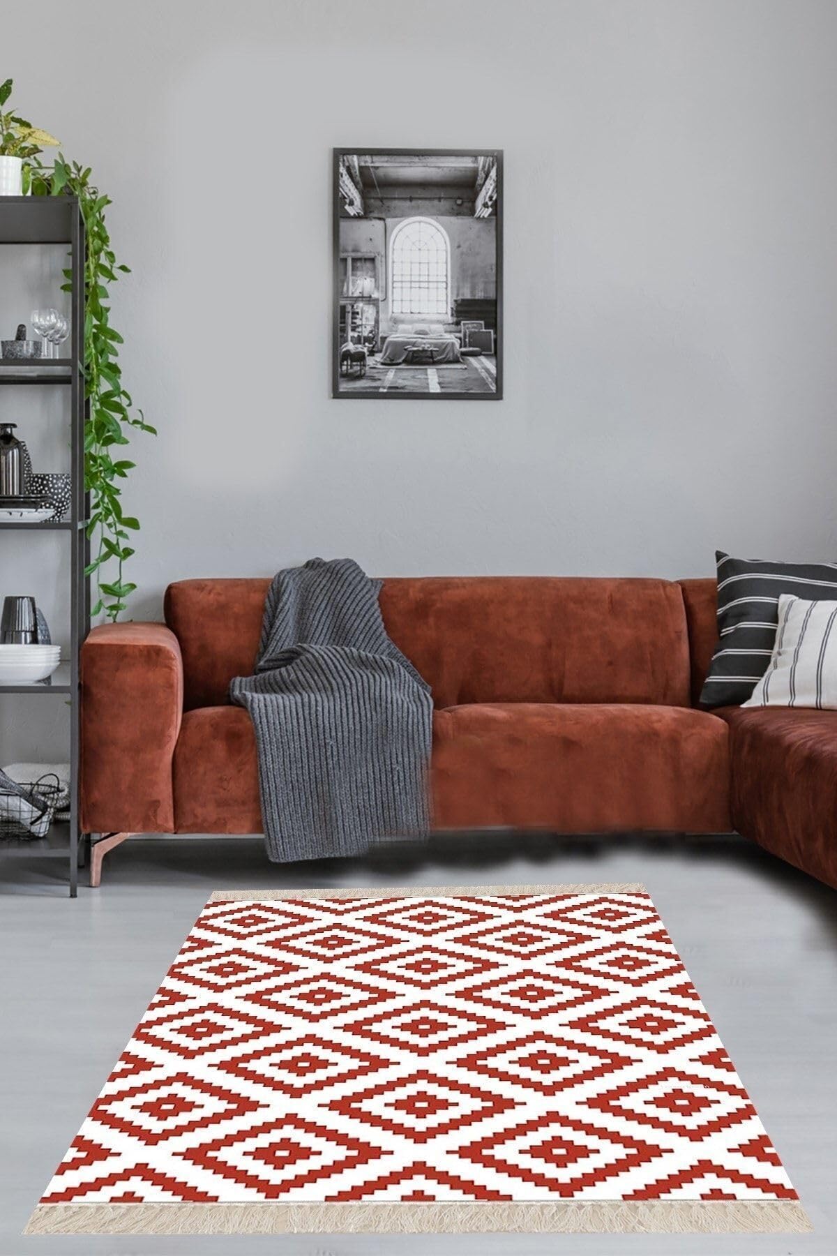 On The Clouds Geometrik Baklava Dilimi Karo Desenli Dijital Baskı Yıkanabilir Kaymaz Taban Modern Salon Halısı BFOGEO9, Kırmızı, 80 x 200