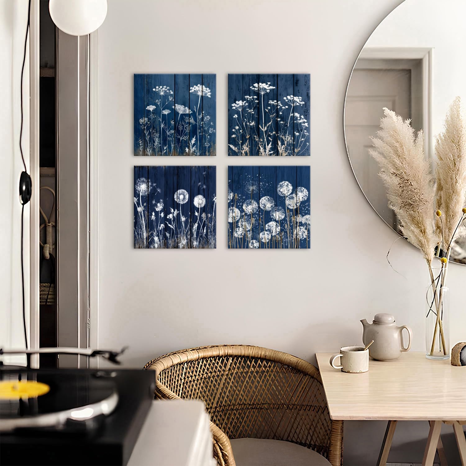 Rustic Dandelion Wall Art Bathroom Navy Blue Wall Decor Farmhouse Prints Plant Botanical Pictures Boho Vintage Flower Canvas Prints Paintings Posters Wood Grain Artwork Home Decorations 12x12” 4P