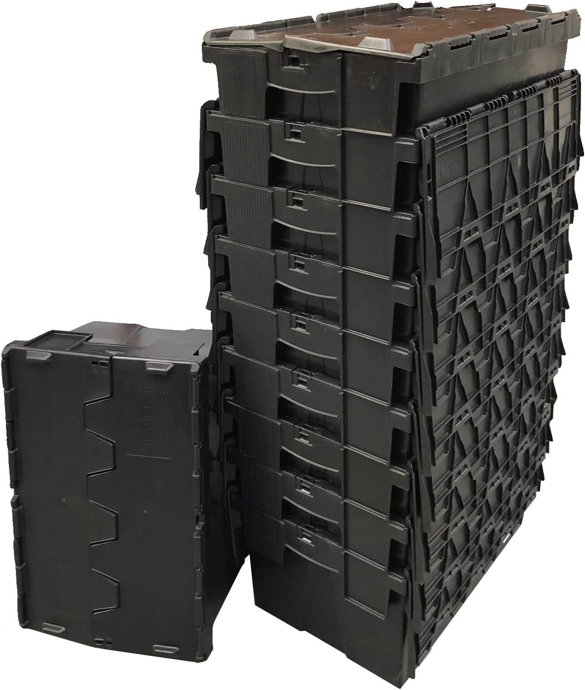 10 x George UTZ Black Attached Lidded Plastic Box 56 Litres - Plastic Storage Box Container Crate Tote with Crocodile Lid Design - Attached Lid Box