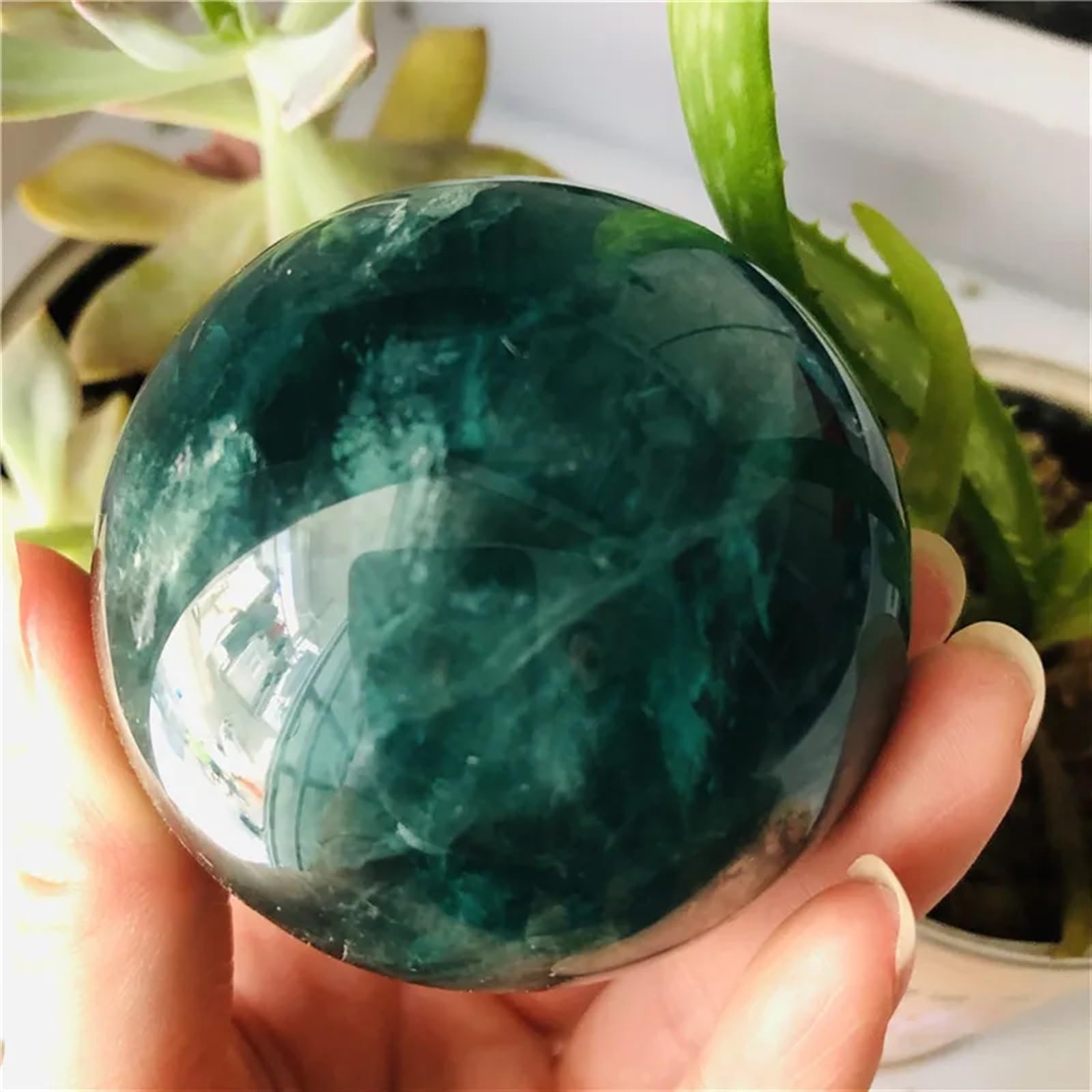 RVBLRDSE Stone Green Fluorite Crystal Ball Home Decoration Gift + Wooden Stand Gemstone Stone