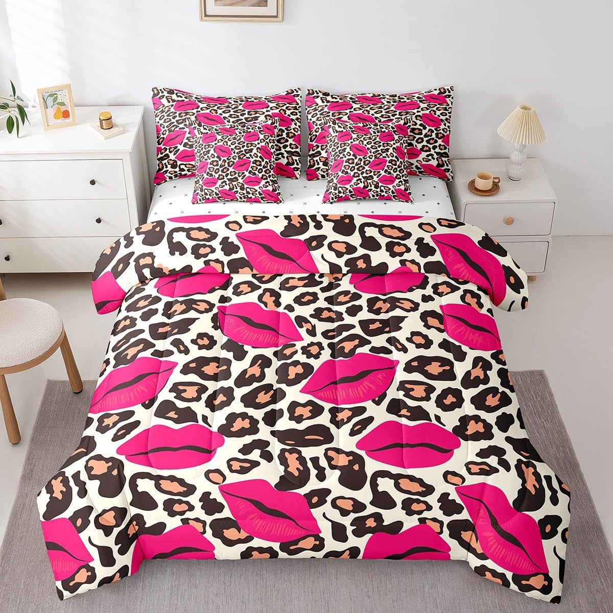 7 Pieces Twin Size Cheetah Skin Comforter Set,Leopard Print Animal Rustic Bedding Set for Girls Women,Sexy Lips Mouth Kiss Romantic (Comforter+Fitted+Flat Sheet+2 Pillowcases+2 Throw Pillow Covers)