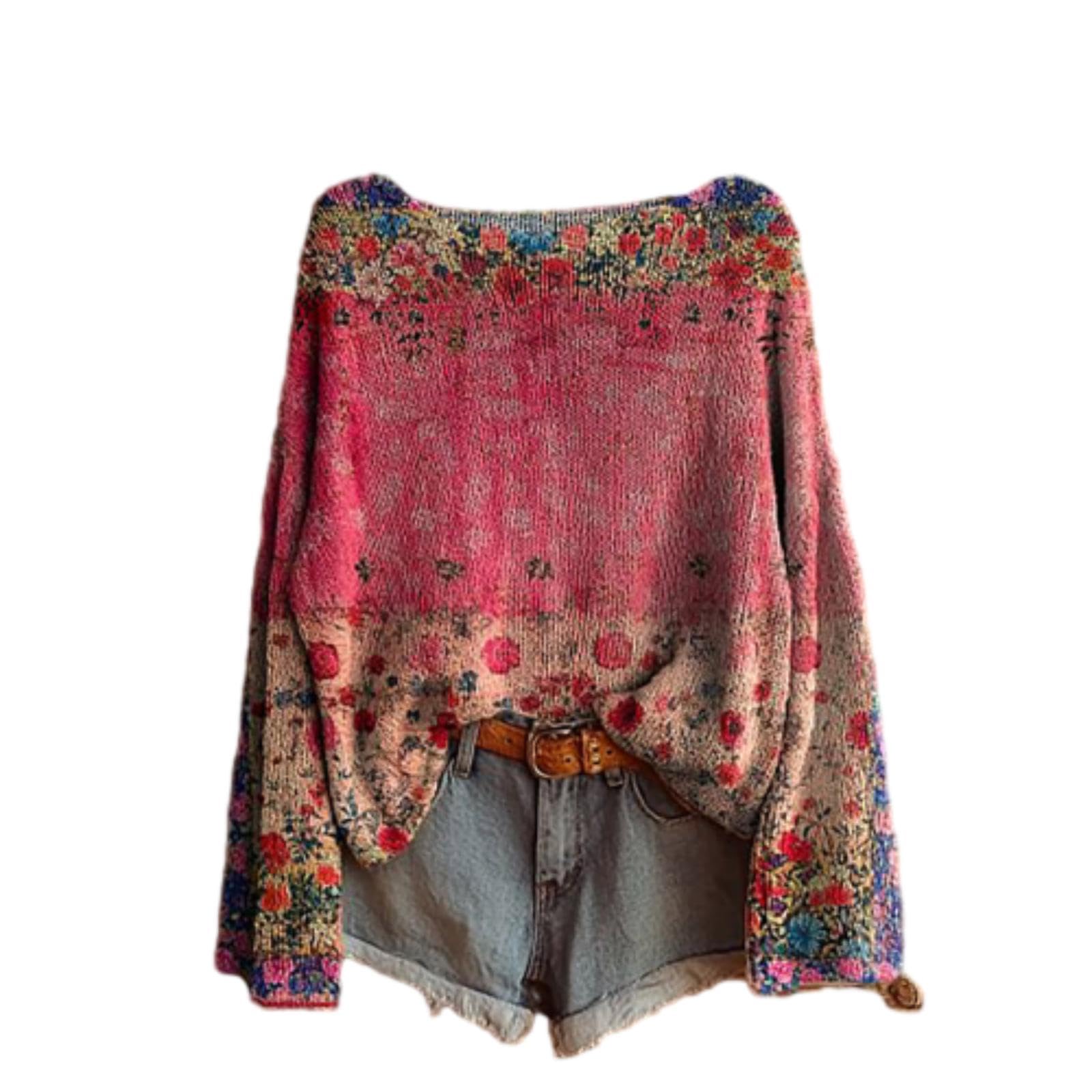 Womens Boho Floral Print Knit Sweater Long Sleeve Loose Fit Lightweight Pullover Top Vintage Western Casual Fall Knitwear