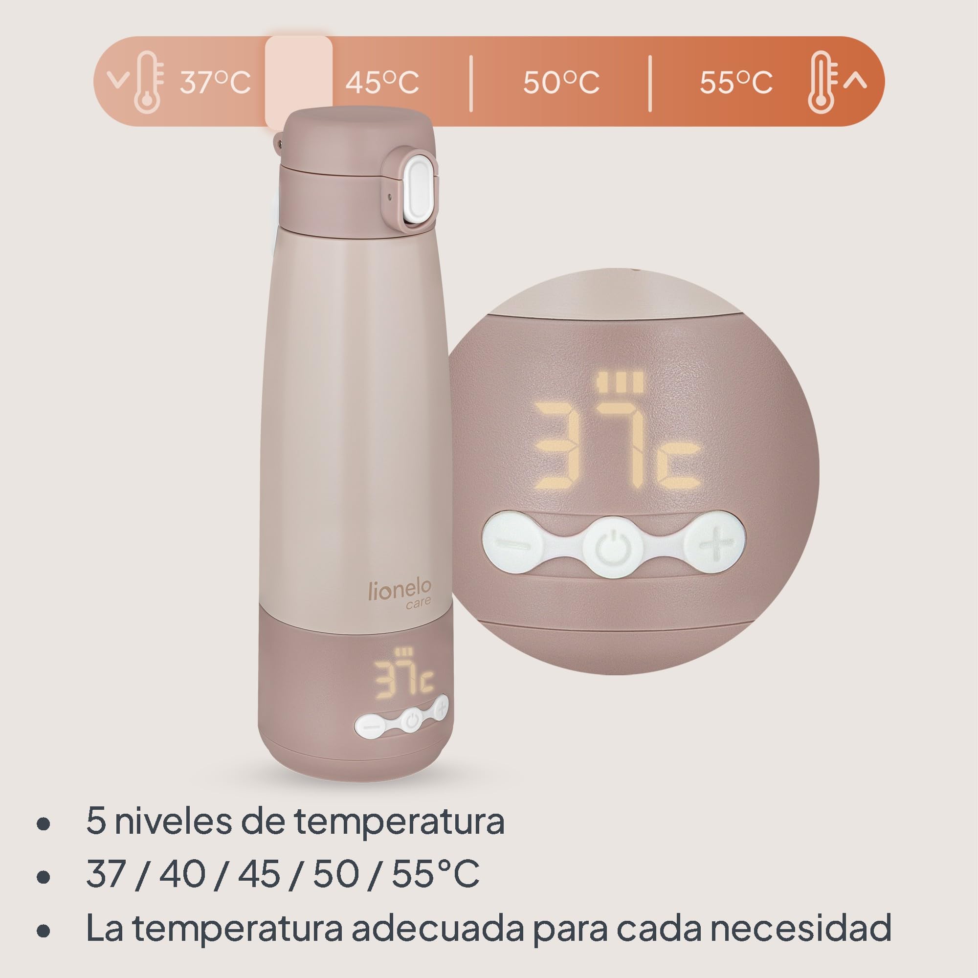 Lionelo Thermup Bottle Calentador de Leche Portátil, Termo Eléctrico sin Cable con Control de Temperatura 37–55 °C, Calienta Leche en 3,5 Min, Mantiene 20 h, Acero SUS316, 350 ml, para Bebés y Viajes