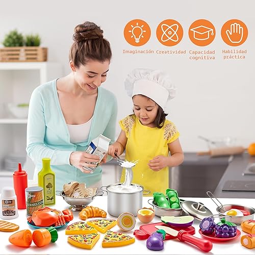 Miniatura 2 de Accesorios de juego de simulación, juego de cocina para niños de 52 piezas con comida de juego, utensilios de cocina de acero inoxidable, ollas y