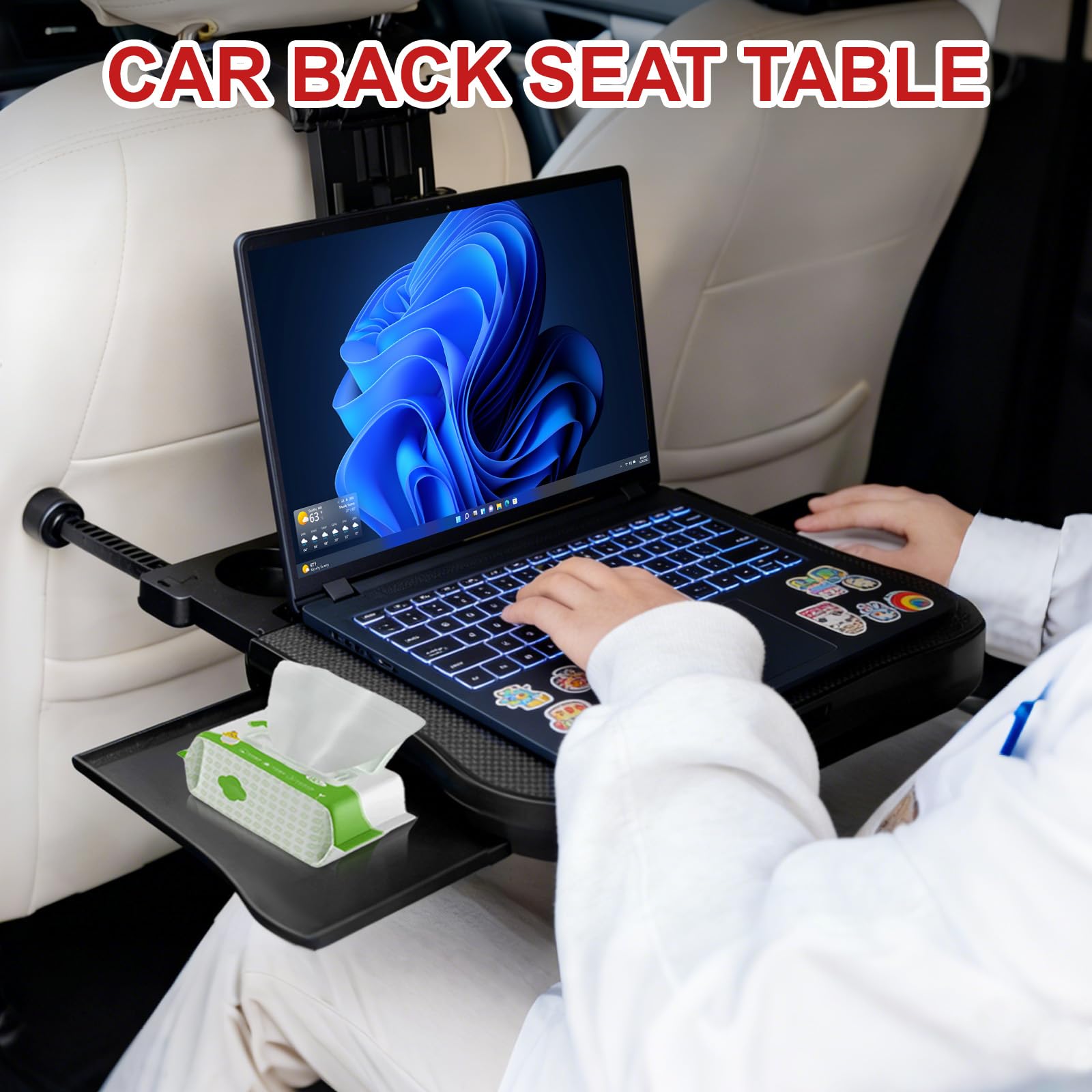 Auto Tisch für Rücksitz Beifahrer, Tragbarer Autositz Tabletttisch mit Getränkehalter und Handyhalter, Multifunktional Esstisch für Kinder Erwachsene, Faltbar, Belastbarkeit 15-20 kg