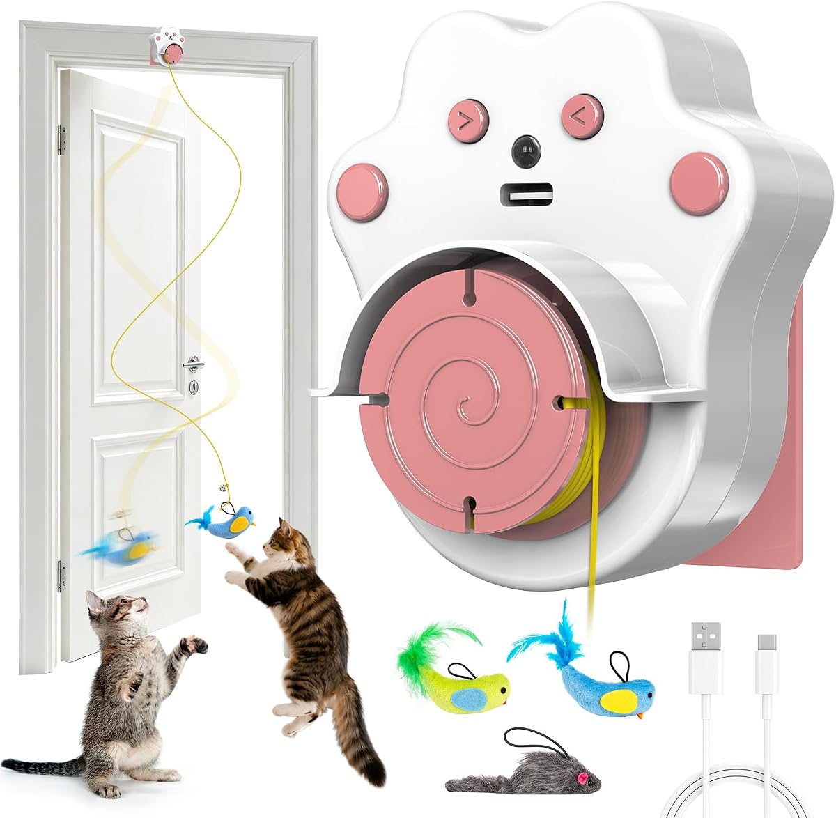 Interactive Cat Toys for Indoor Cats, Automatic Flying Bird & Mouse | Chase Exercise Enrichment Stimulation, USB Large-capacity Rechargeable Electric Door Hanging Toy for Bored Kitten & Adult Cat