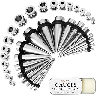 37PC Ear Stretching Kit - 14G-00G Beginner Gauges - Aftercare Balm Wax - Surgical Steel Tapers Single Flare Plugs Screw Fit Tunnels - Stretchers Expanders Eyelets