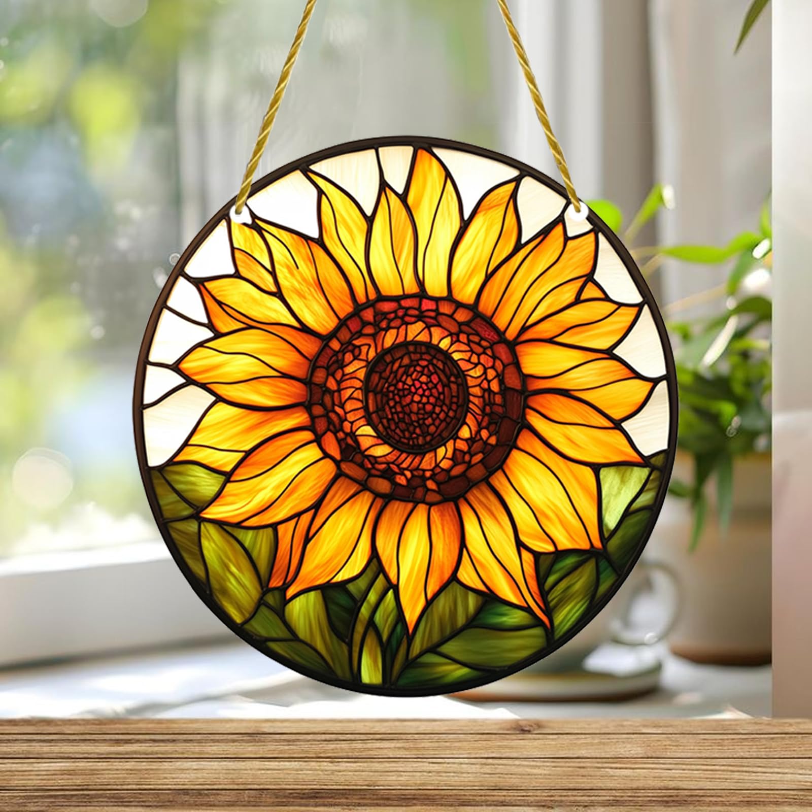 JUNWALL - Decoración De Ventana De Acrílico Para Colgar En La Ventana, Diseño De Plantas Florales De Acrílico Manchado Para Decoración De Ventana Para Interiores Y Exteriores, Jardín, Panel De Arte