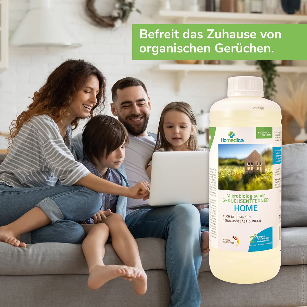 Geruchsentferner Home 1L - Vegan & Made in Germany - Mikrobiologischer Enzymreiniger für Textilien, Polstern & Tierfellen - gegen unangenehme Gerüche