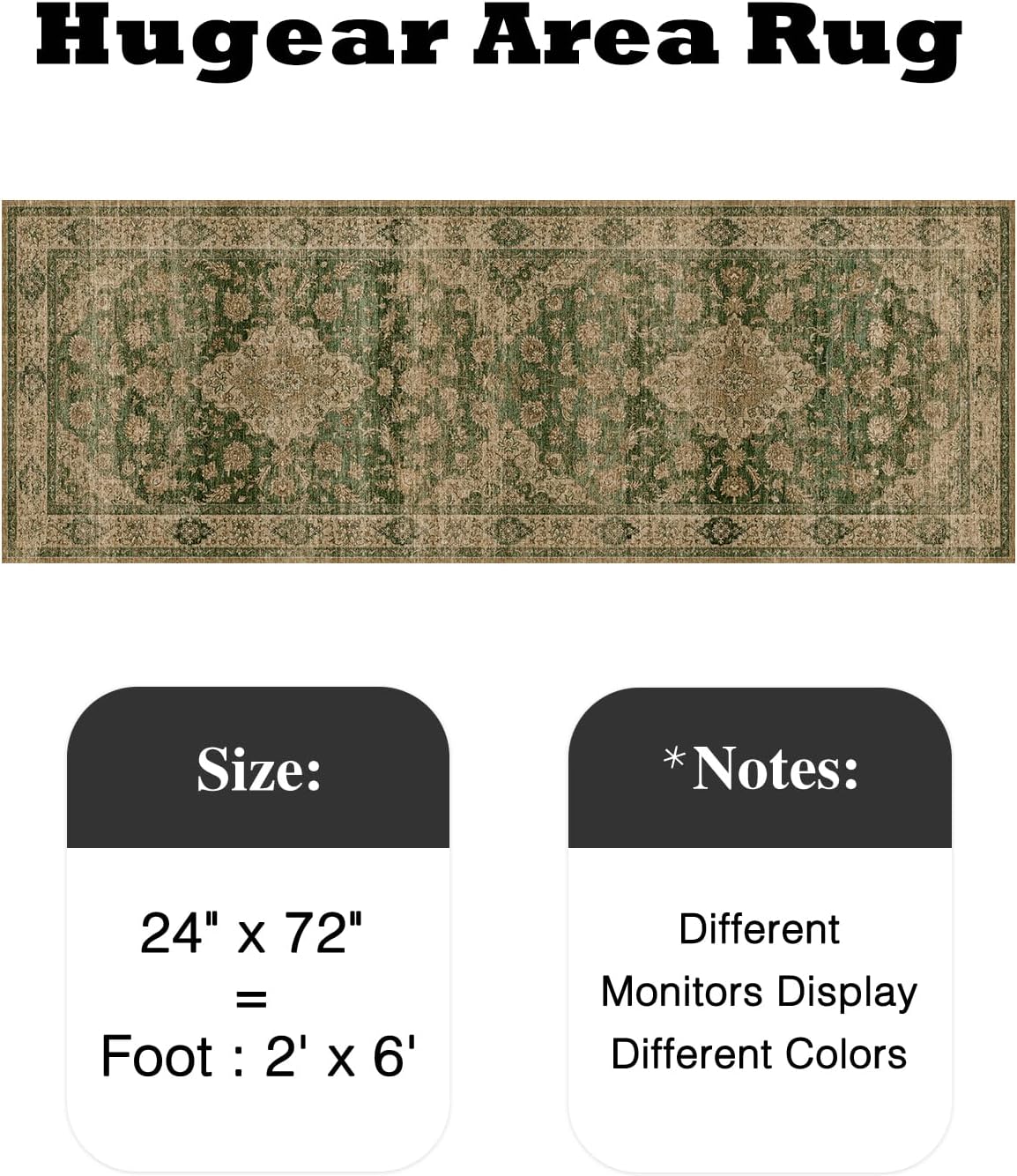 HUGEAR 2x6 Runner Rug Hallway Machine Washable Retro Green Vintage Floral Low Pile Carpet Distressed Long Throw Rug Bedroom Office Bathroom Kitchen Laundry Non Slip Soft Lightweight