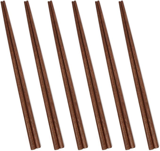 6 Pairs Black Walnut Wood Chopsticks (9 inch / 23 cm), Thick-Tipped, Lightweight, Minimalism, Natural Reusable Chop Sticks Set, for Rice, Chinese Noodles, Korean Ramen, Vietnamese Pho