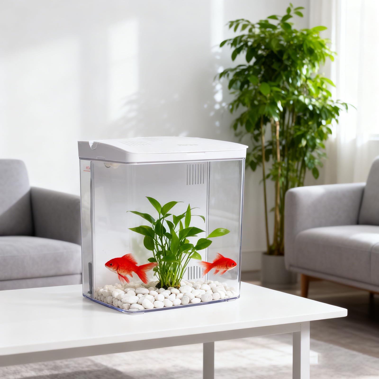 Zoegneer Acquario da tavolo per piccoli pesci Betta con luci LED integrate, pompa silenziosa, sistema di filtraggio multi stadio (bianco)