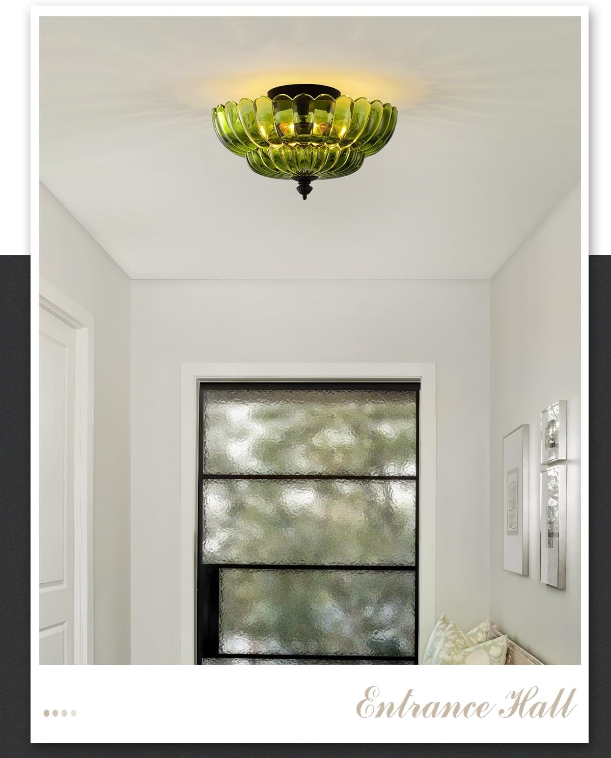 ANYLOVE Modern 12Inch Green Flower Glass Semi Flush Mount Ceiling Light, 3 Light for Living Room Bedroom Hallway Entryway Foyer