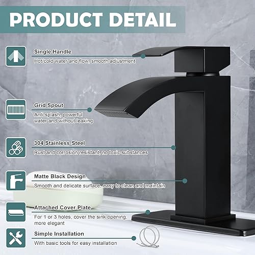Miniatura 3 de Homikit Grifo de baño de cascada negra para fregadero de 1 o 3 agujeros, grifo de lavabo de baño negro mate con drenaje desplegable, grifos de
