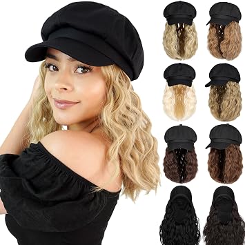 Qlenkay Newsboy Cap with Bob Hair Extensions Black Hat Wig 8 Panel Visor Beret Attached Synthetic 14 Short Curly Wavy Hairpiece for Woman Bleach Blonde