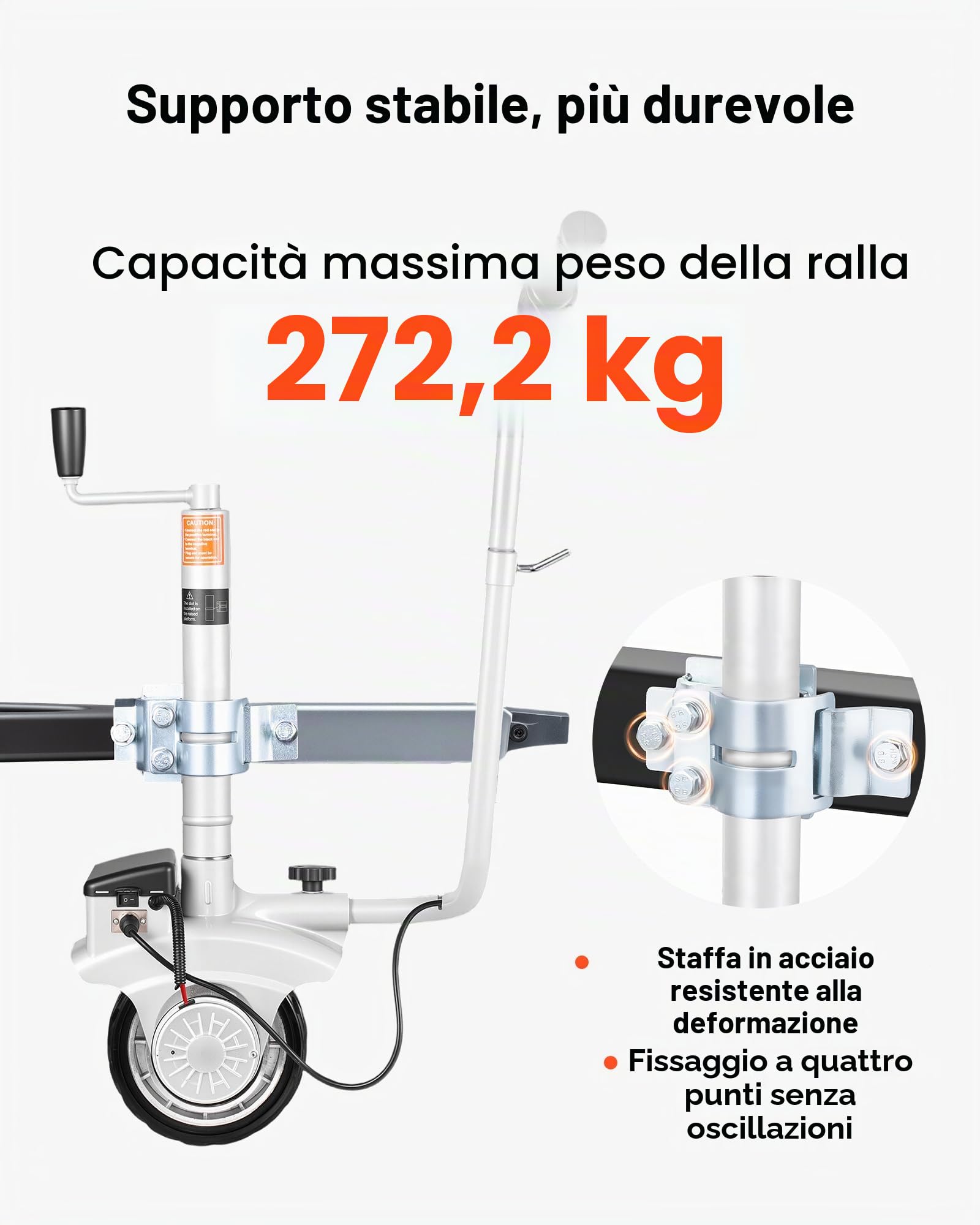 VEVOR Carrello Elettrico per Rimorchio, Ruota di Supporto Motorizzata velocità di Movimento di 7 m/min, Altezza del Morsetto Regolabile 31 a 63 cm, capacità di 2,5 T per Roulotte e Barche