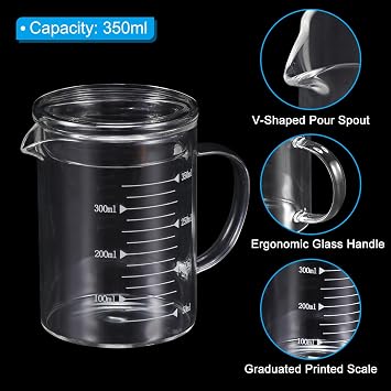 PATIKIL 350ml Glass Measuring Cup, 3.3 Borosilicate Glass Graduated White Printed Scale Liquid Measure Cups Beaker with Glass Lid and V-Shaped Spout for Kitchen