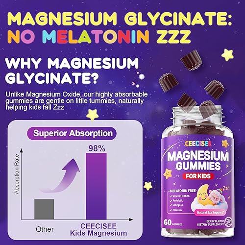 Miniatura 5 de Suplemento de gomitas de magnesio para niños mayores de 4 años suplemento masticable orgánico con citrato y magnesio, vitamina B6 D3 Zinc L-teanina,