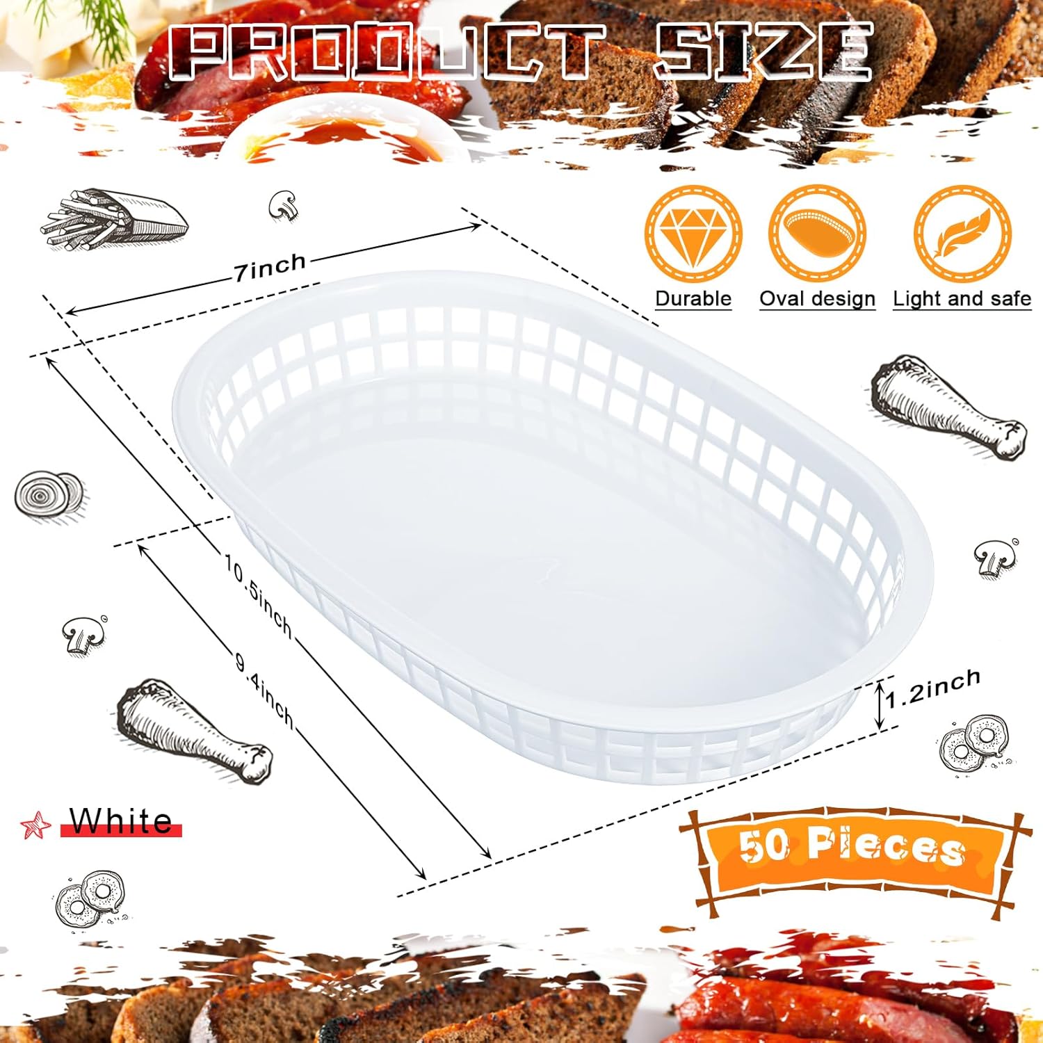 Hsei 50 Pack Fast Food Baskets 10.5 x 7 Inch Oval Fry Basket Plastic Food Serving Trays White Chip Basket Reusable Bread Baskets for Restaurant Supplies Hot Dog Deli Serving Chicken Fries Burgers