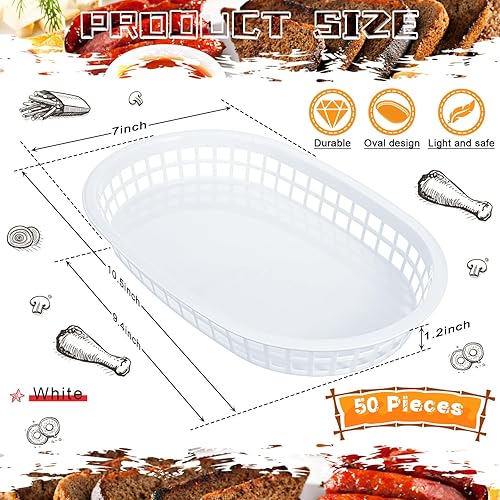 Miniatura 2 de Hsei Paquete de 50 cestas de comida rápida de 10.5 x 7 pulgadas, bandejas de plástico ovaladas para servir alimentos, cestas de pan reutilizables