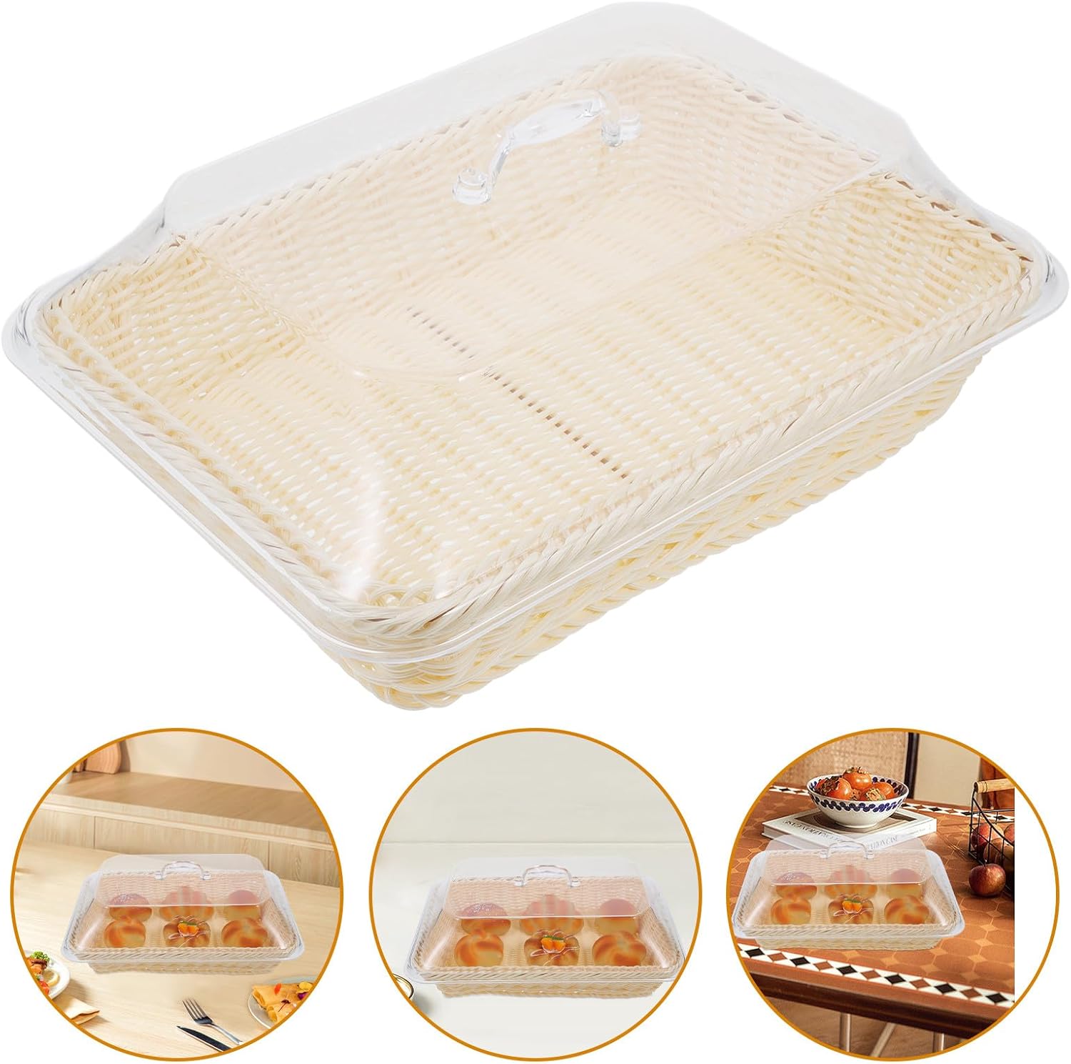 Toyvian Bread and Vegetable Basket with Lid, 35x25x15cm Plastic Imitation Rattan Woven Food Cover, Kitchen Countertop Serving Basket for Fruit and Bread Protection
