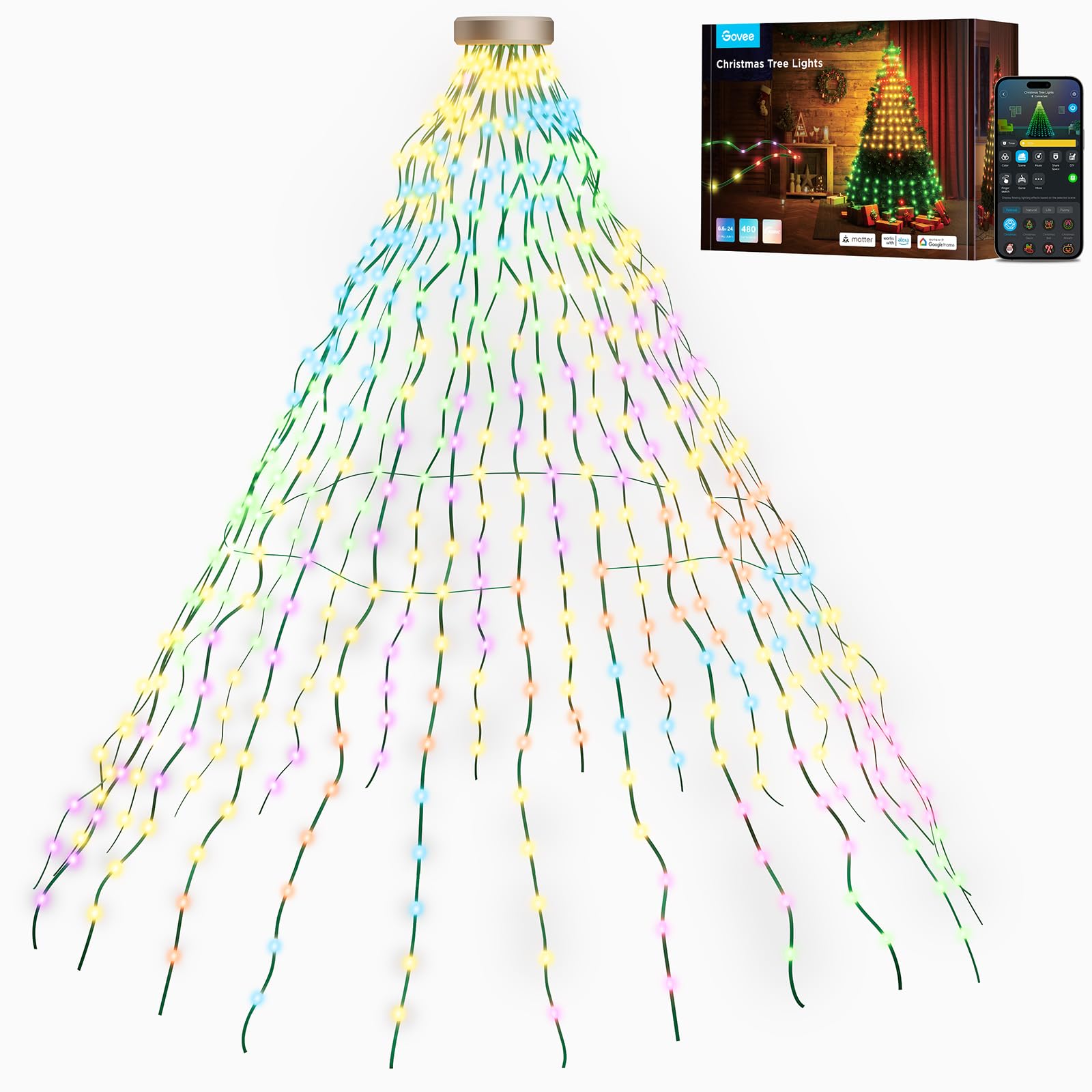 Govee Luces Arbol Navidad, RGBIC 480 LEDs Guirnalda Luces de Navidad con Anillo, 2M*24 Tiras, IP65 Impermeable, Música Sync, Control por Voz, 60+ Modos Escena para la Decoración Navideña, Green Wire