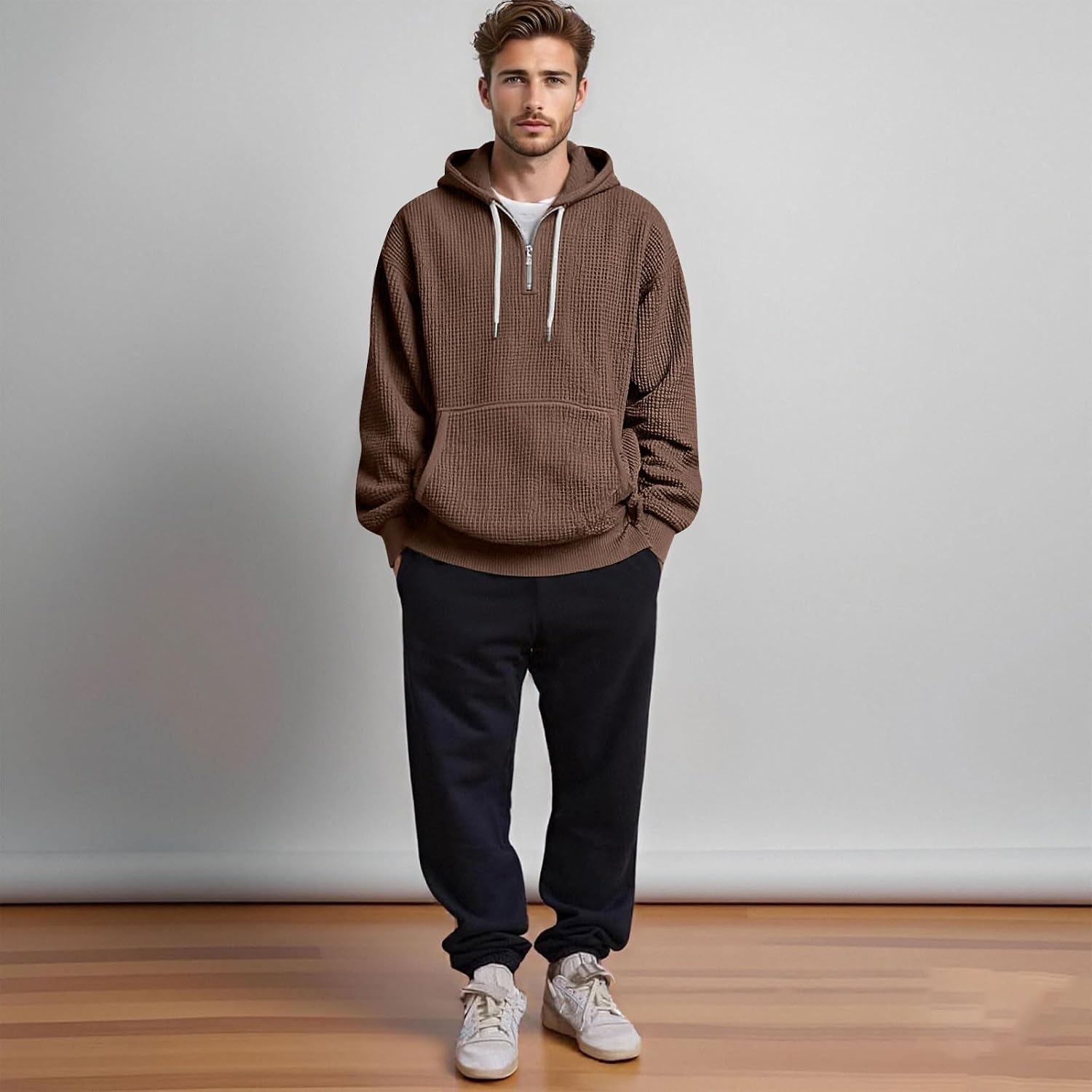 Men's Waffle Knit Hoodie Half Zip Kangaroo Pocket Casual | Waffle Knit Texture With Half Zip Hood, Drawstring Detail, And Kangaroo Pocket For Casual Daily Layering