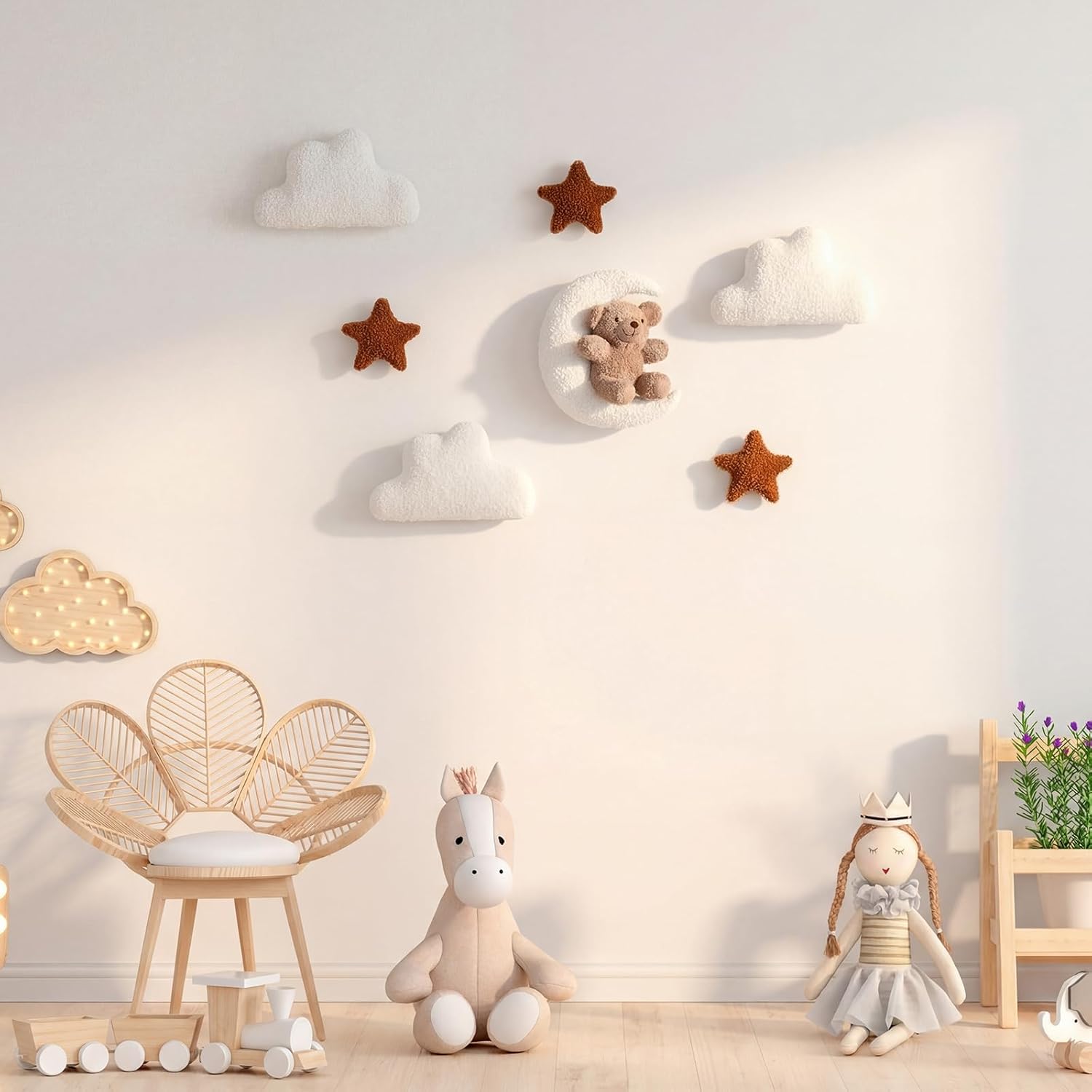 Chumia 7 Pcs Teddy Bear and Moon Wall Decor Nursery Wall Art with Clouds Stars Soft Plush Baby Room Decor Gender Neutral for Bedroom Decoration (Ivory Caramel)