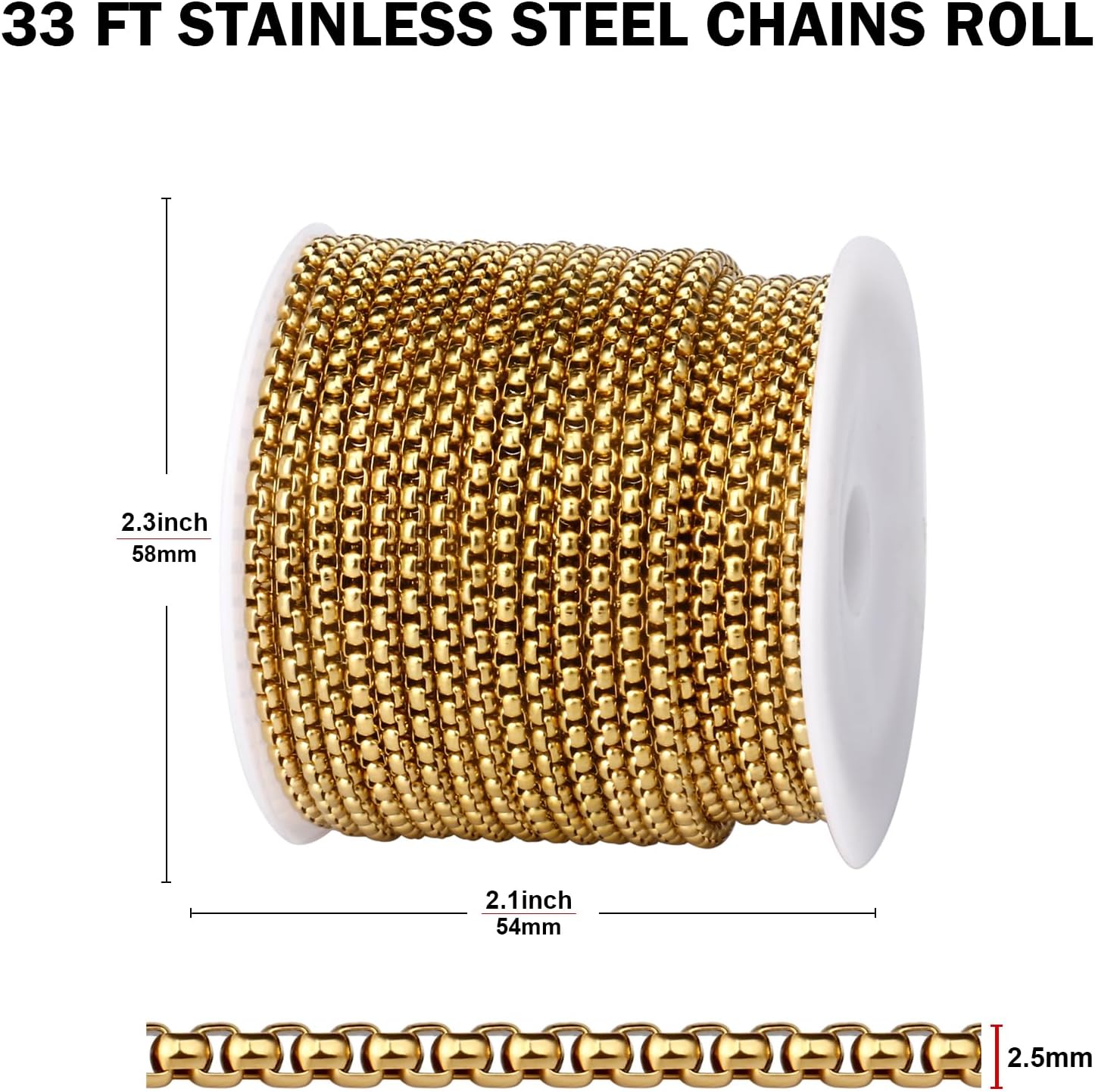 [33FT] 18K Gold Plated Rolo Box Chains for Jewelry Making, 2.5mm Wide 304 Stainless Steel Rolo Link Chain Roll Bulk for DIY Jewelry Making Craft