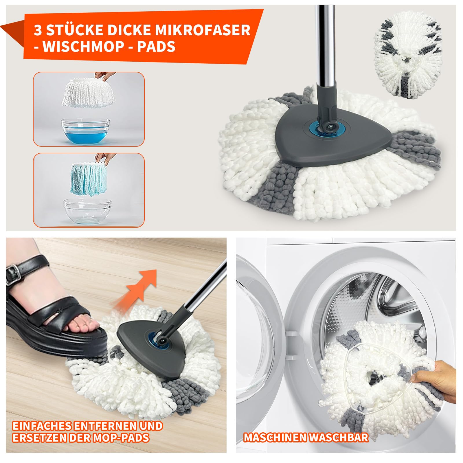 Wischmopp Set mit Eimer und Fußpedal, Bodenwischer mit geteiltem 2-Kammern-Putzeimer, Auswringfunktion & Edelstahlstiel, inkl. 3 Mikrofaser-Pads, Komplettset für Laminat & Fliesen (Hellgrau)