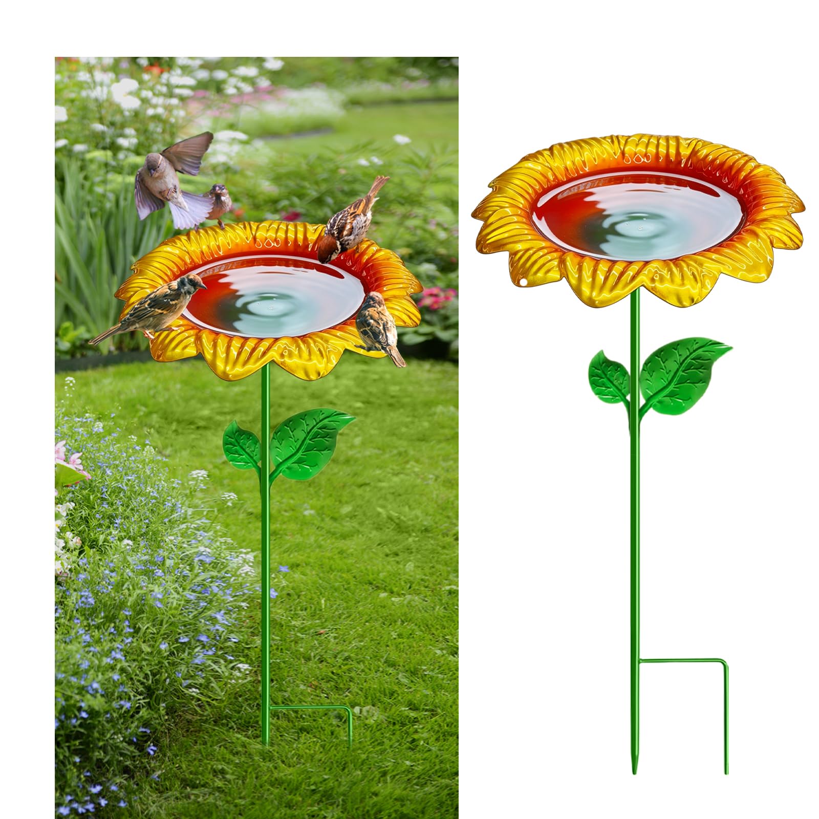 flintronic Vogeltränke Blume, 2 Stück Vogeltränke für den Garten, Metall Vogelbecken Schüssel Wassertränke, VogeltränkenStehend für Wildvögel, Futter Wasserschale für Rasen, Balkon & Terrasse, Rot
