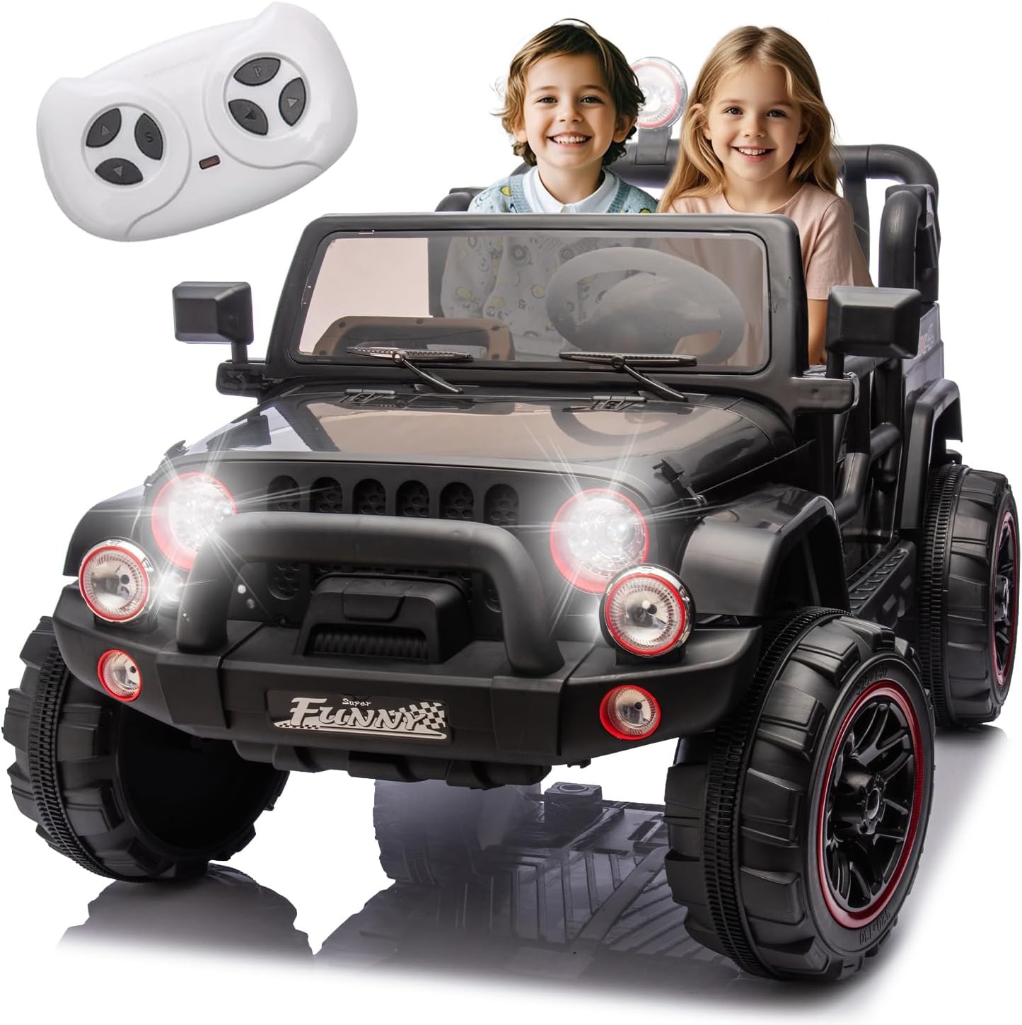 24V Ride on Toys with Width Seat, Ride on Car with Remote Control, Kids Ride on Truck Car for Kids, Rear Suspension, Portable Pull Rod, Light, Trunk Storage, Bluetooth, USB, 2.5-4MPH (Black)