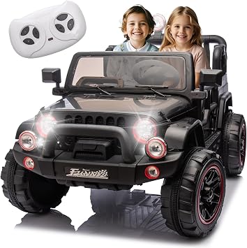 24V Ride on Toys with Width Seat, Ride on Car with Remote Control, Kids Ride on Truck Car for Kids, Rear Suspension, Portable Pull Rod, Light, Trunk Storage, Bluetooth, USB, 2.5-4MPH Black