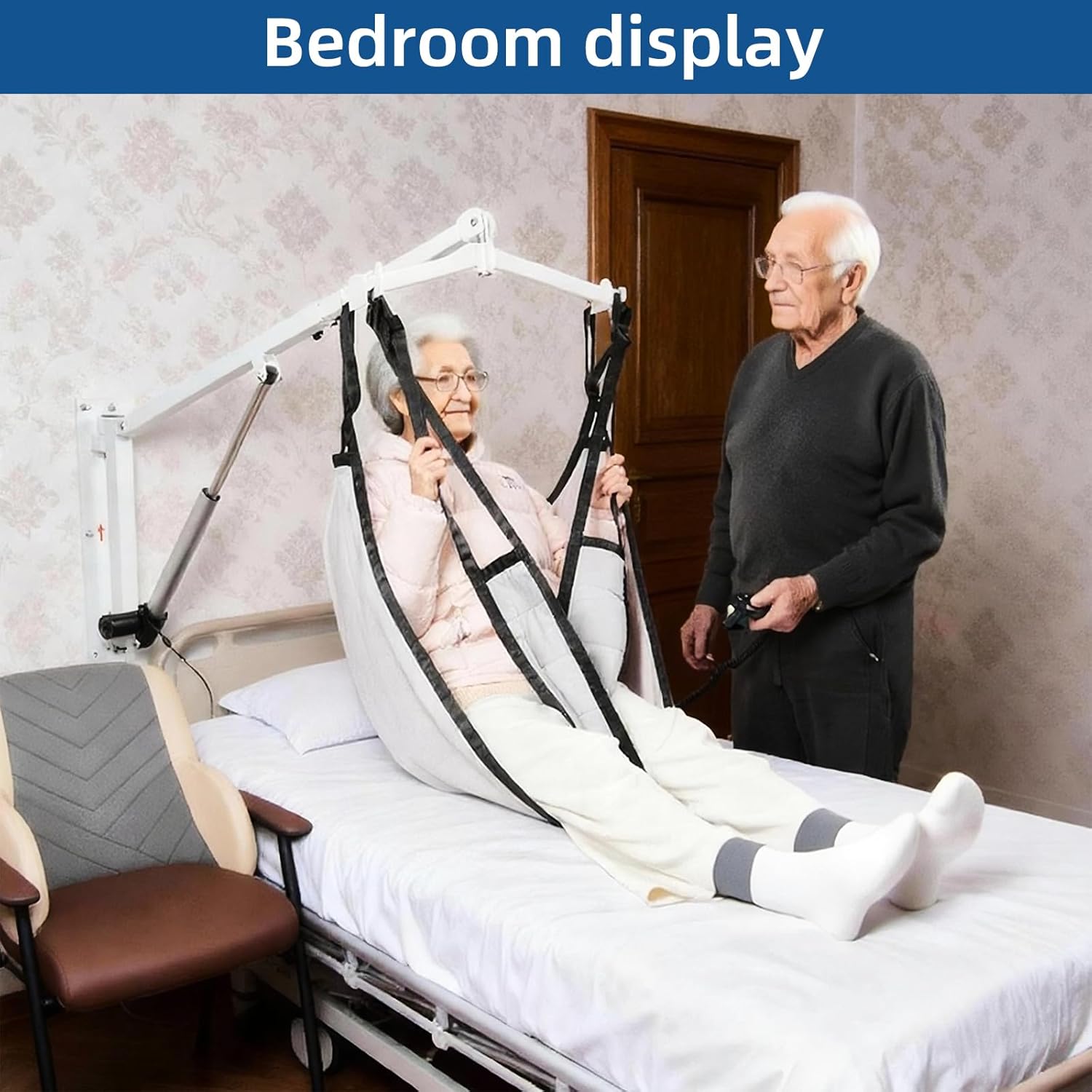 Wall-Mounted Patient Lift with Sling, Portable Electric Transfer Lift for Disabled, Elderly, Handicap, Remote Control, White