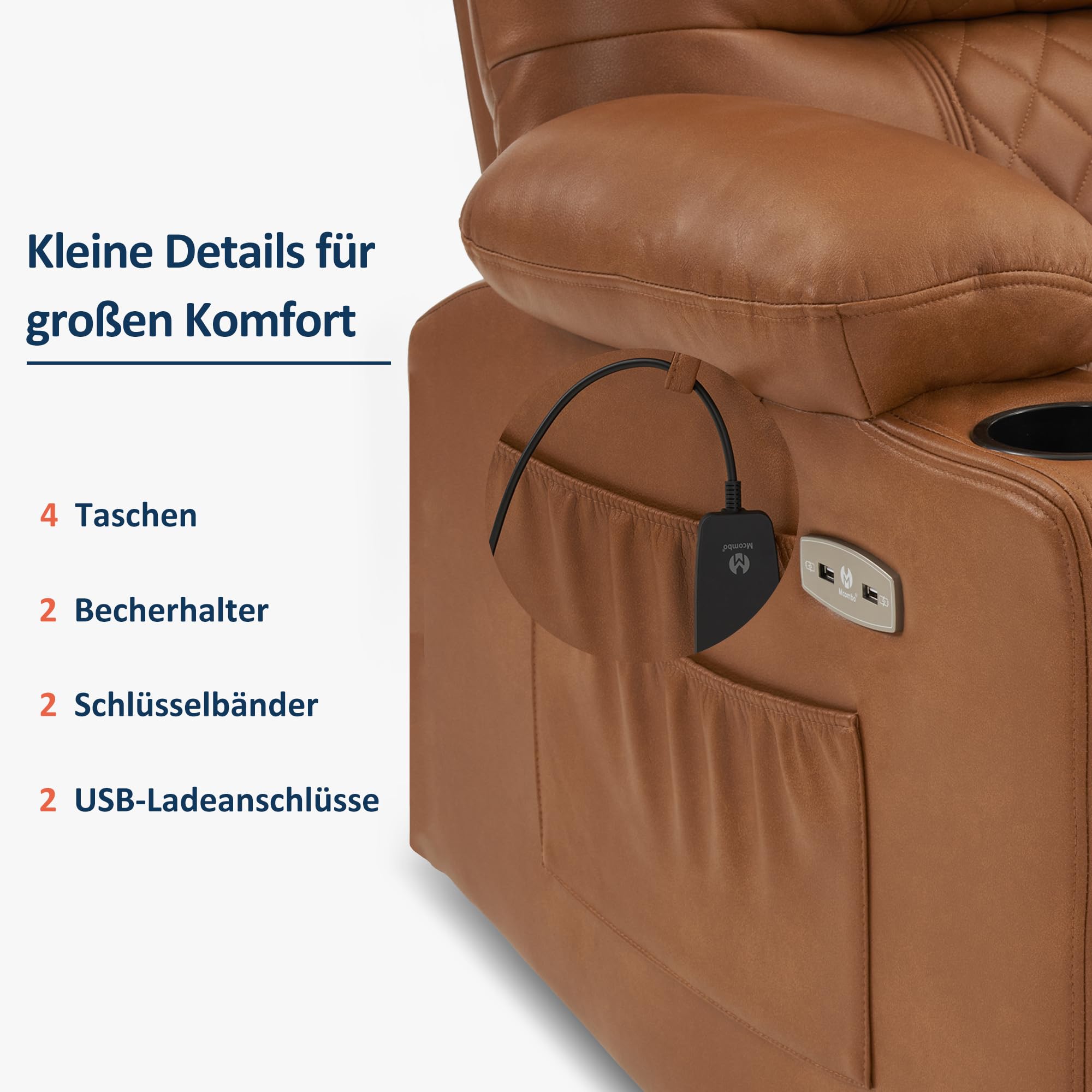 M MCombo Relaxsessel mit Liegefunktion, Fernsehsessel Elektrisch Verstellbar, TV Sessel, Recliner Chair, Atmungsaktiver Kunstleder, USB & Getränkehalter, Wohnzimmer, 7033 (Braun)